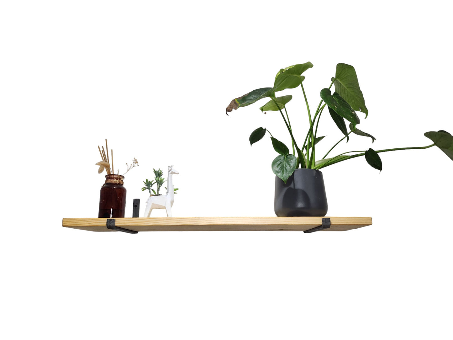Industrial Rustic Wall Shelf – Slim Pine & Metal J Brackets – Handmade Shelving – Living Room Decor – UK Made – Free Delivery