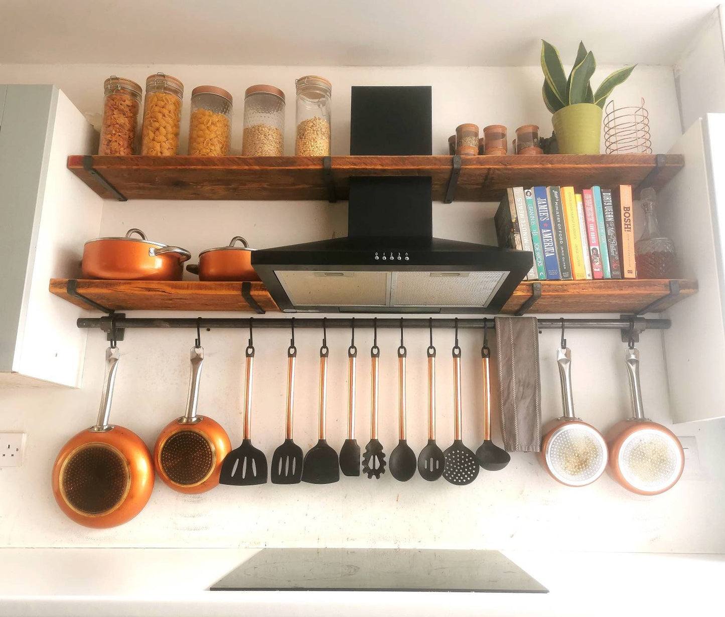 Industrial Utensil & Pan Rail | Raw Steel Kitchen Rail | Handmade Hanging Rail with Hooks | UK Made Storage