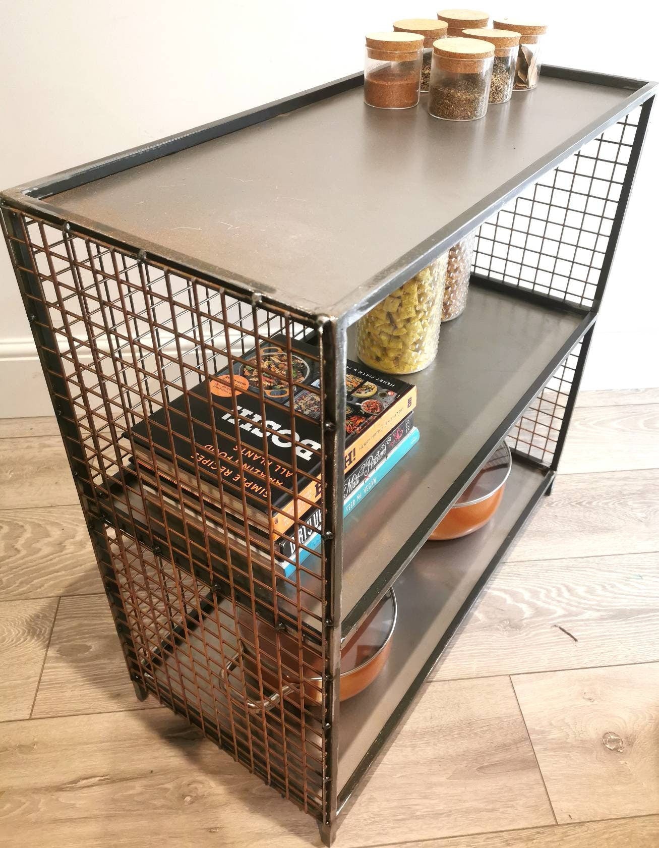 Metal and Wire Mesh Storage Unit - Industrial Side Board - Steel Display Cabinet