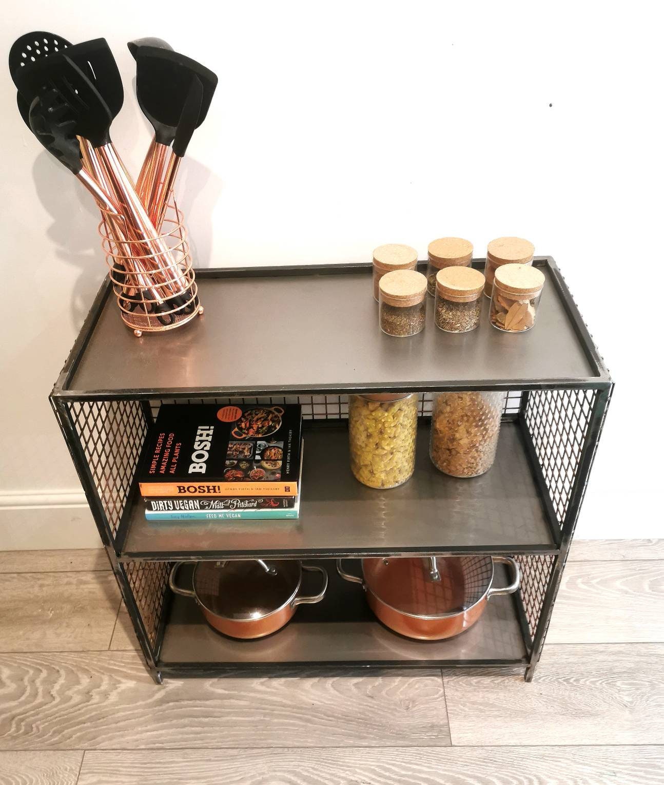 Metal and Wire Mesh Storage Unit - Industrial Side Board - Steel Display Cabinet