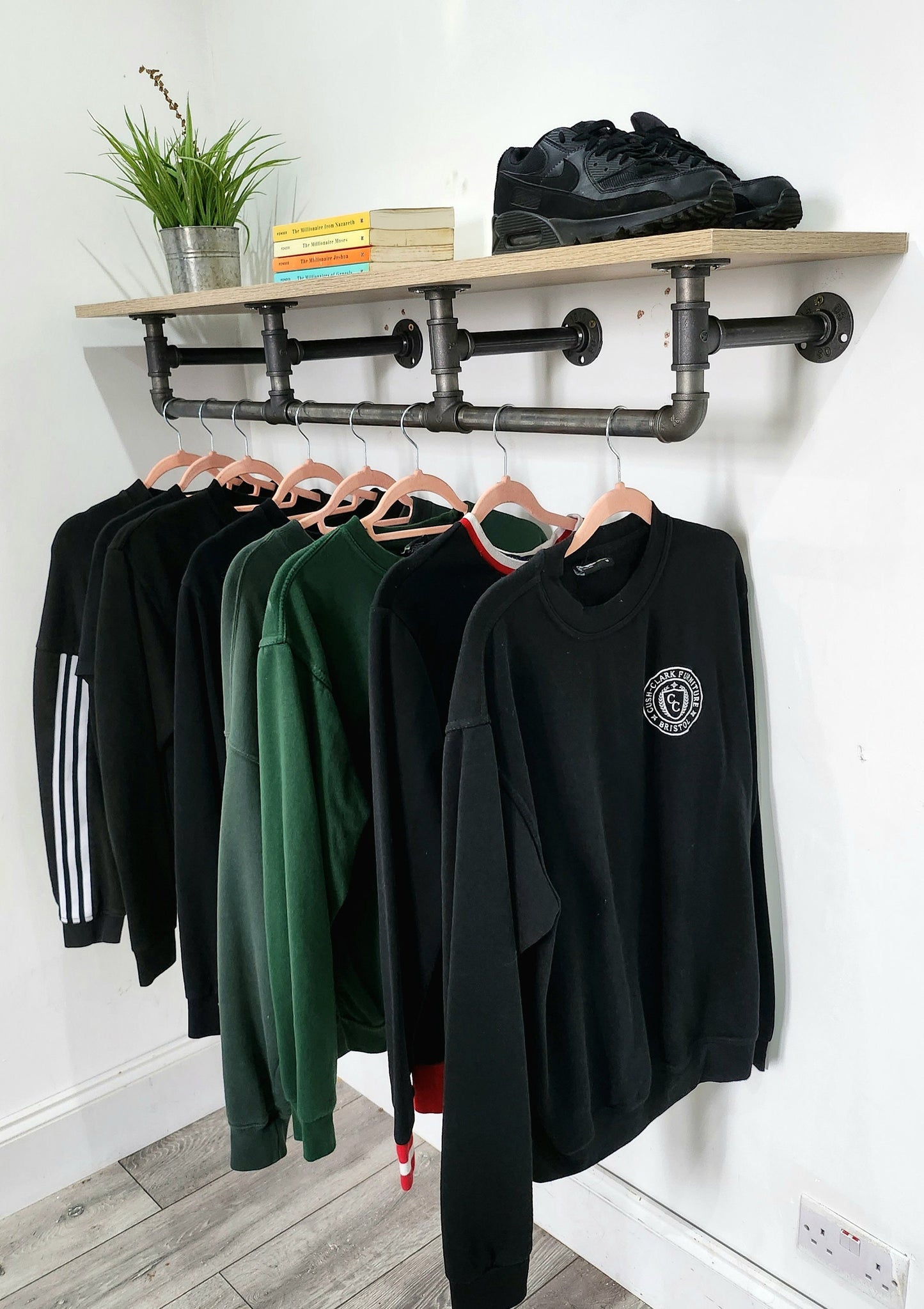 Industrial Clothes Rail with Light Oak Shelf - Urban Clothes Storage - Wardrobe