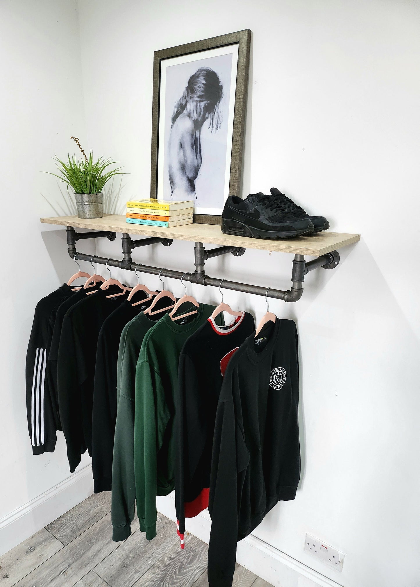 Industrial Clothes Rail with Light Oak Shelf - Urban Clothes Storage - Wardrobe