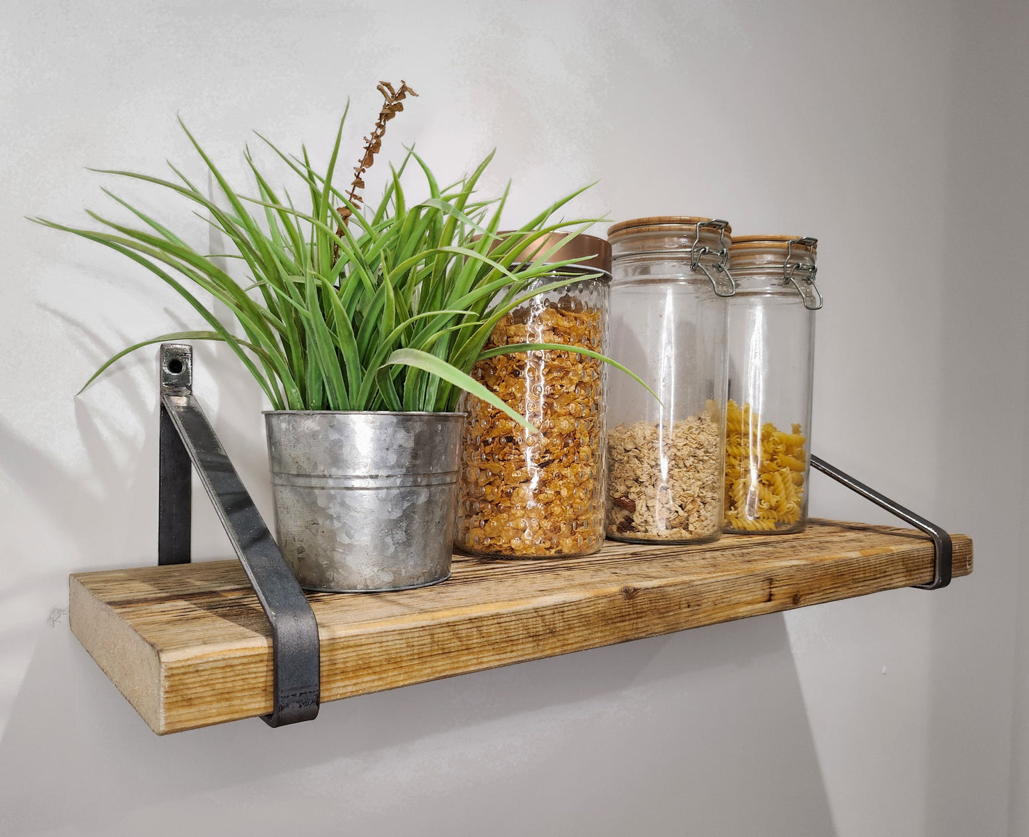 Scaffold Board Shelf And Raw Steel Triangle Brackets - Reclaimed - Heavy Duty - Variety Of Lengths And Finishes