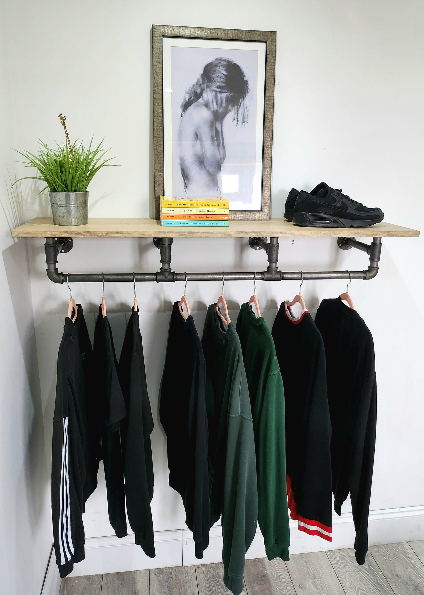 Industrial Clothes Rail with Shelf | Raw Steel Wardrobe Rail | Handmade Wall Hanging Rail | UK Made Storage