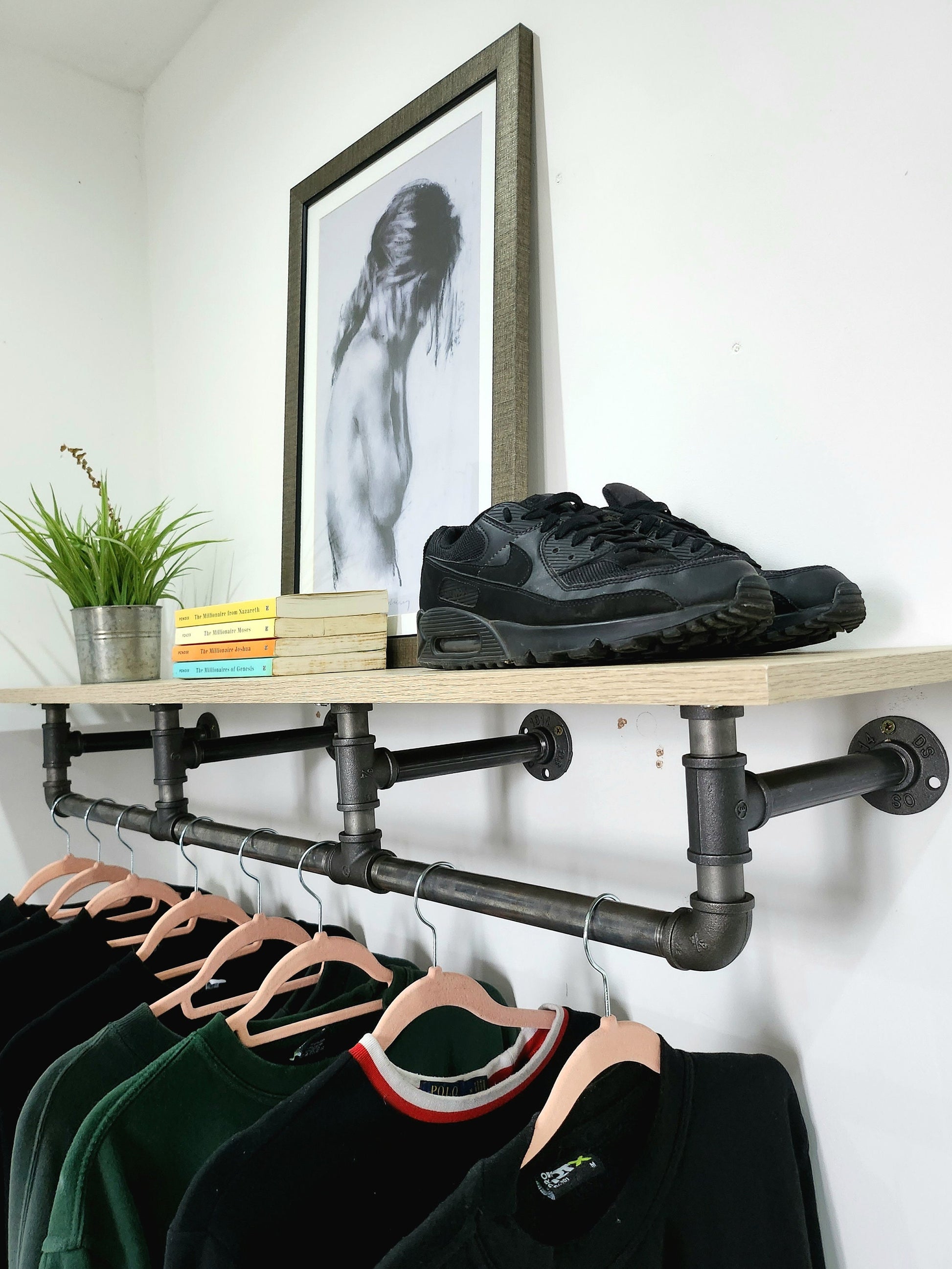 Industrial Clothes Rail with Shelf | Raw Steel Wardrobe Rail | Handmade Wall Hanging Rail | UK Made Storage