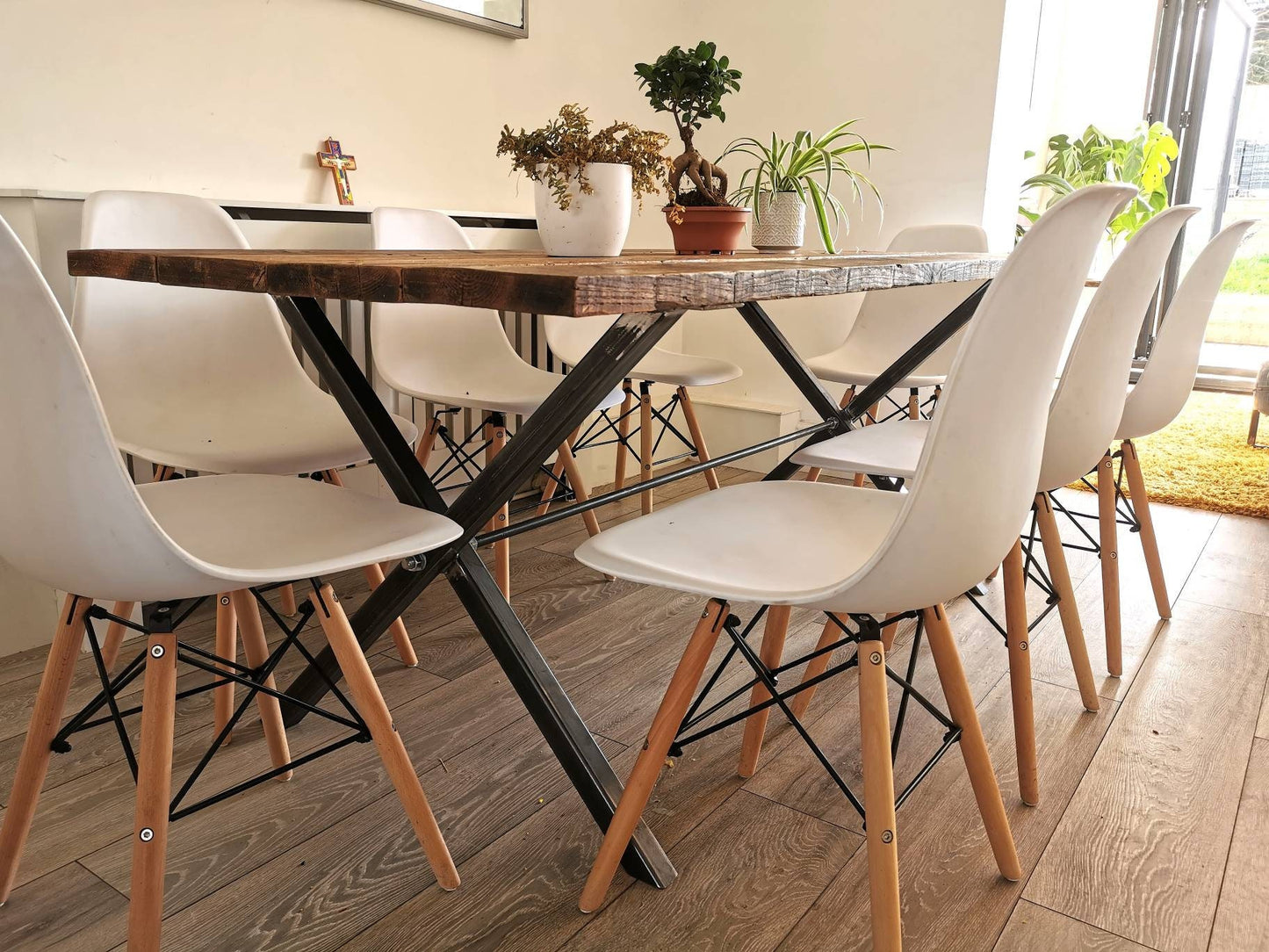 Industrial Cross-Leg Dining Table | Raw Steel and pine Table | Handmade UK Furniture | Rustic Wood & Metal Table