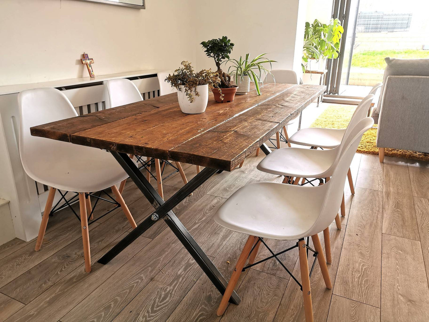 Industrial Cross-Leg Dining Table | Raw Steel and pine Table | Handmade UK Furniture | Rustic Wood & Metal Table