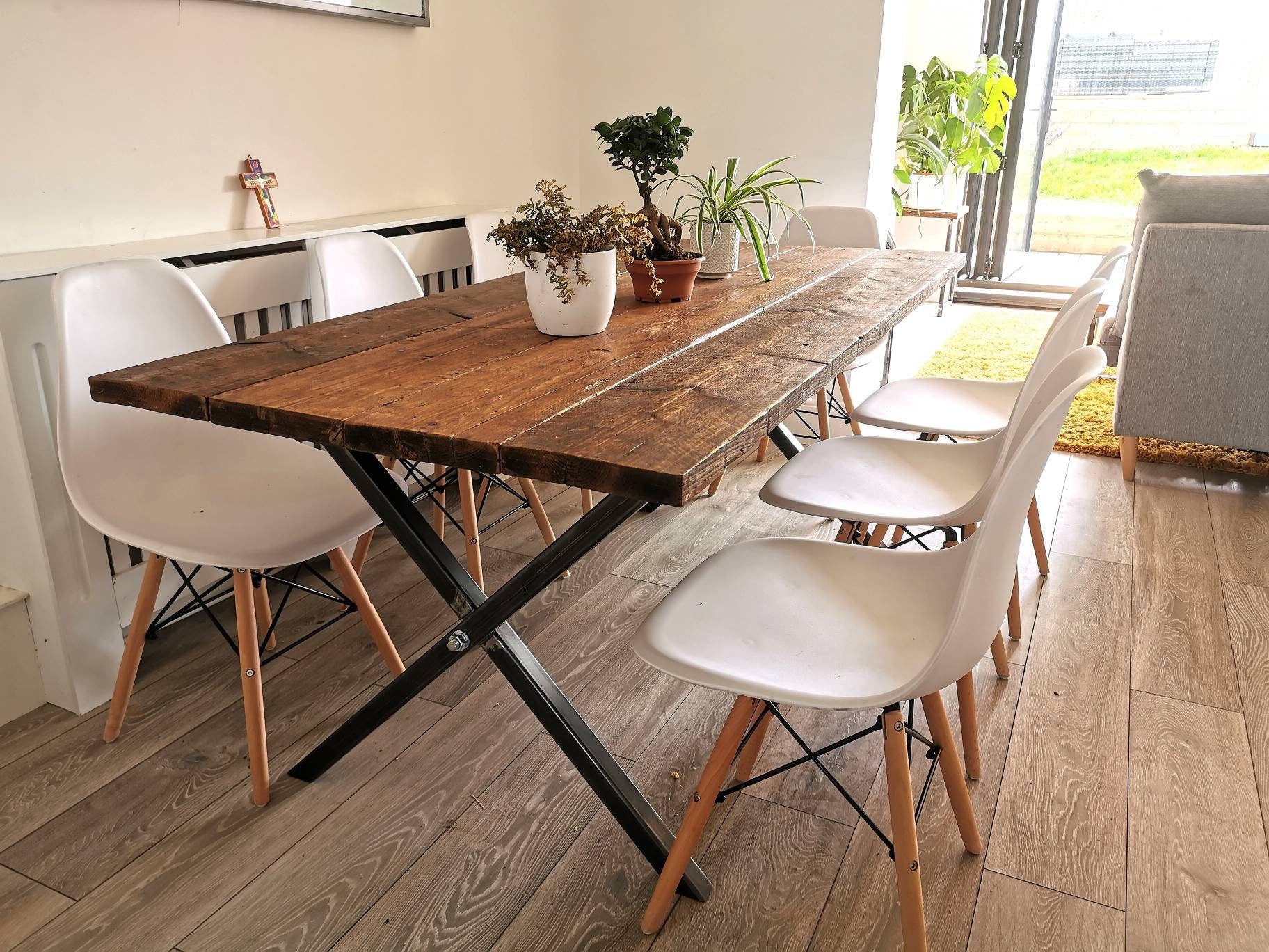 Industrial Cross-Leg Dining Table | Raw Steel and pine Table | Handmade UK Furniture | Rustic Wood & Metal Table