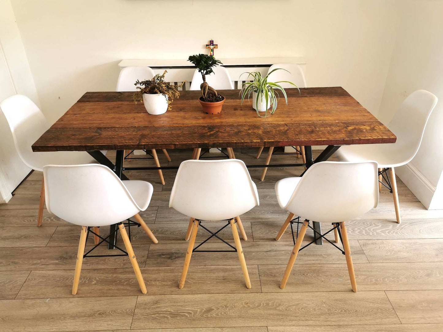 Industrial Cross-Leg Dining Table | Raw Steel and pine Table | Handmade UK Furniture | Rustic Wood & Metal Table