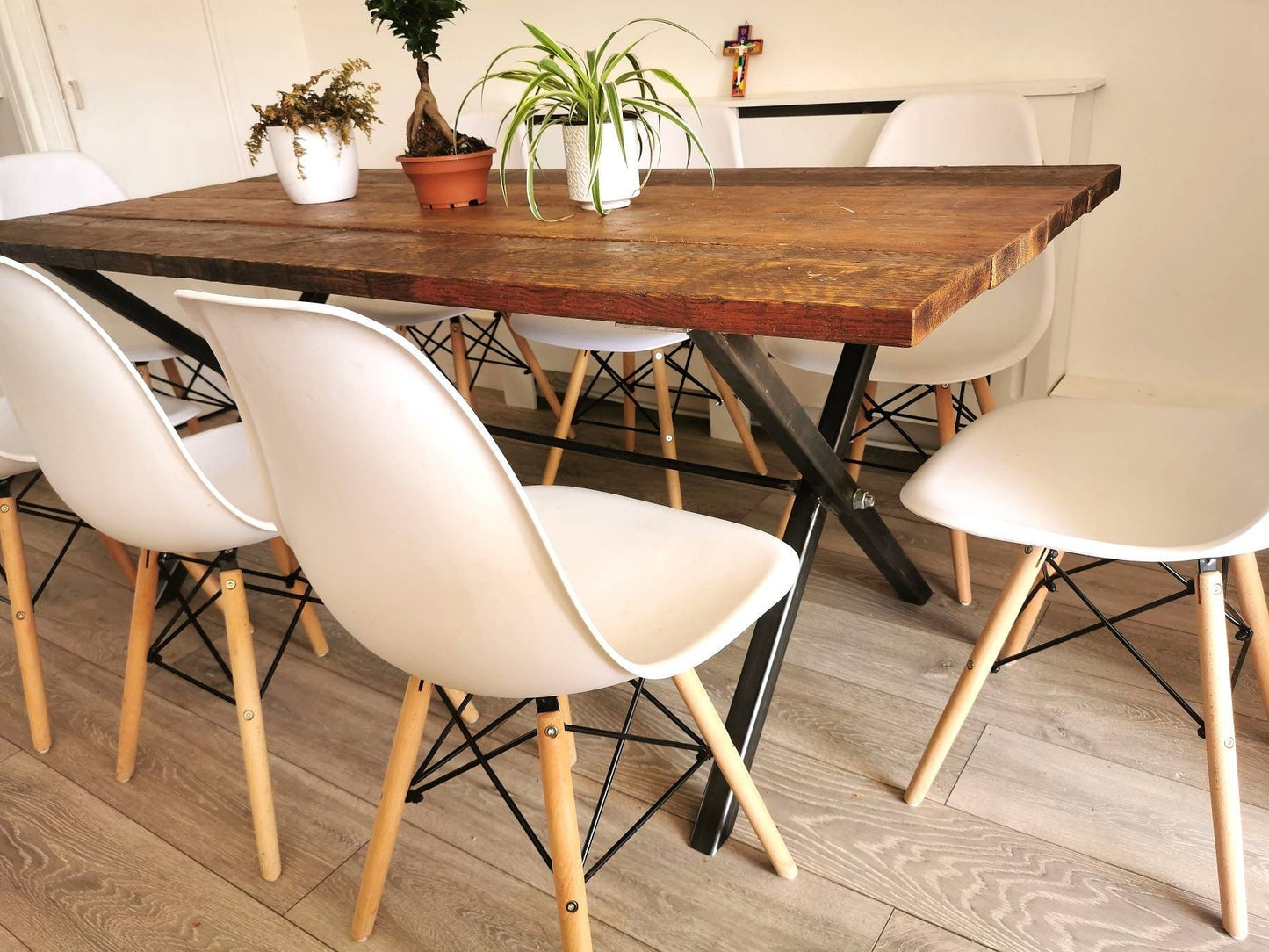 Industrial Cross-Leg Dining Table | Raw Steel and pine Table | Handmade UK Furniture | Rustic Wood & Metal Table