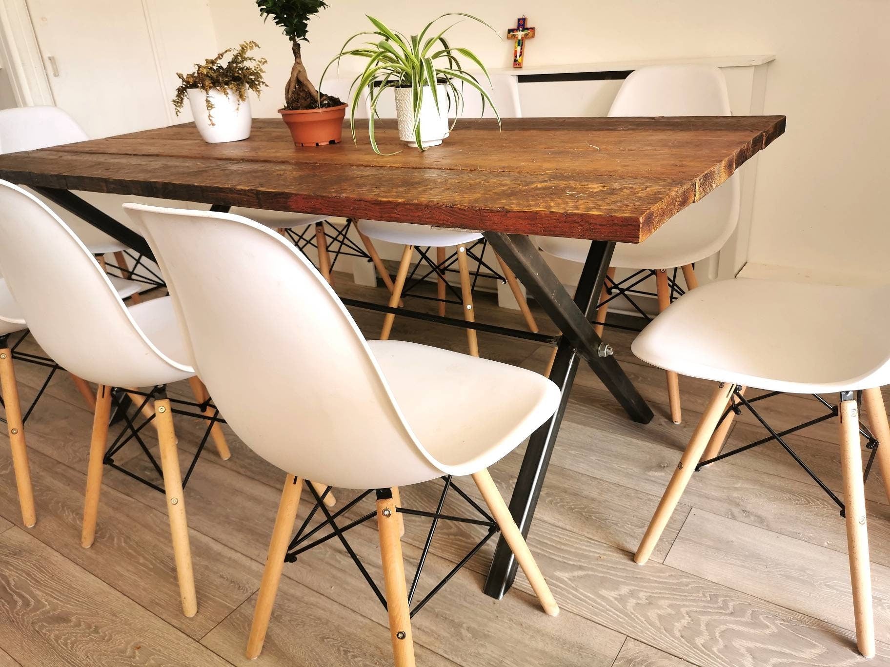 Industrial Cross-Leg Dining Table | Raw Steel and pine Table | Handmade UK Furniture | Rustic Wood & Metal Table
