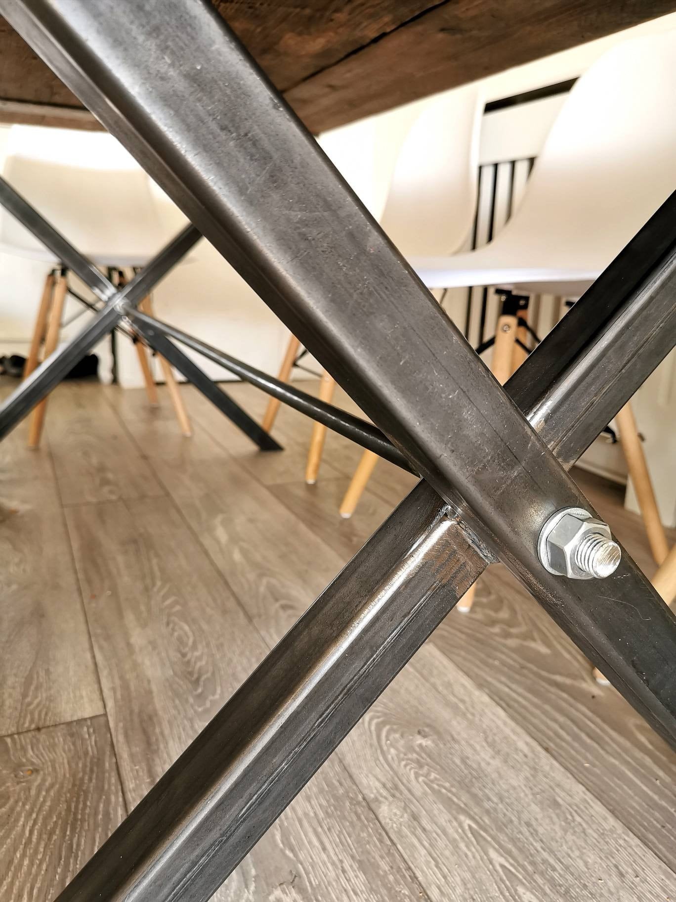 Industrial Cross-Leg Dining Table | Raw Steel and pine Table | Handmade UK Furniture | Rustic Wood & Metal Table