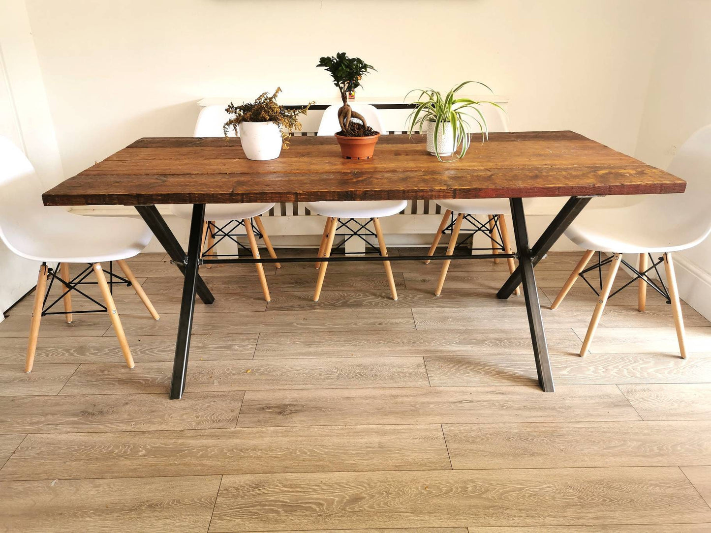 Industrial Cross-Leg Dining Table | Raw Steel and pine Table | Handmade UK Furniture | Rustic Wood & Metal Table
