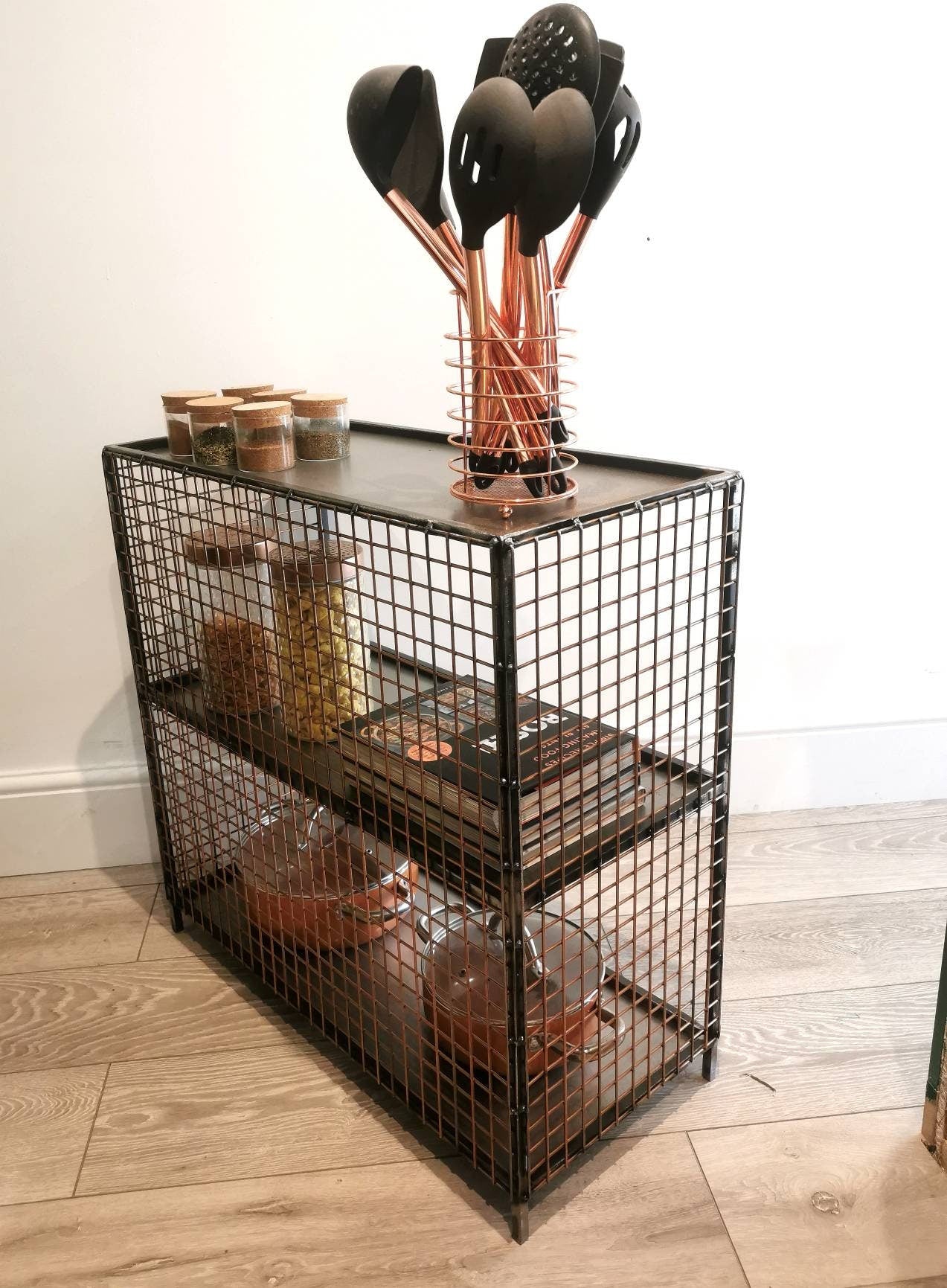Industrial Metal & Wire Mesh Storage Unit | Floor Storage Shelf | Handmade Steel Organizer | UK Made Home Storage