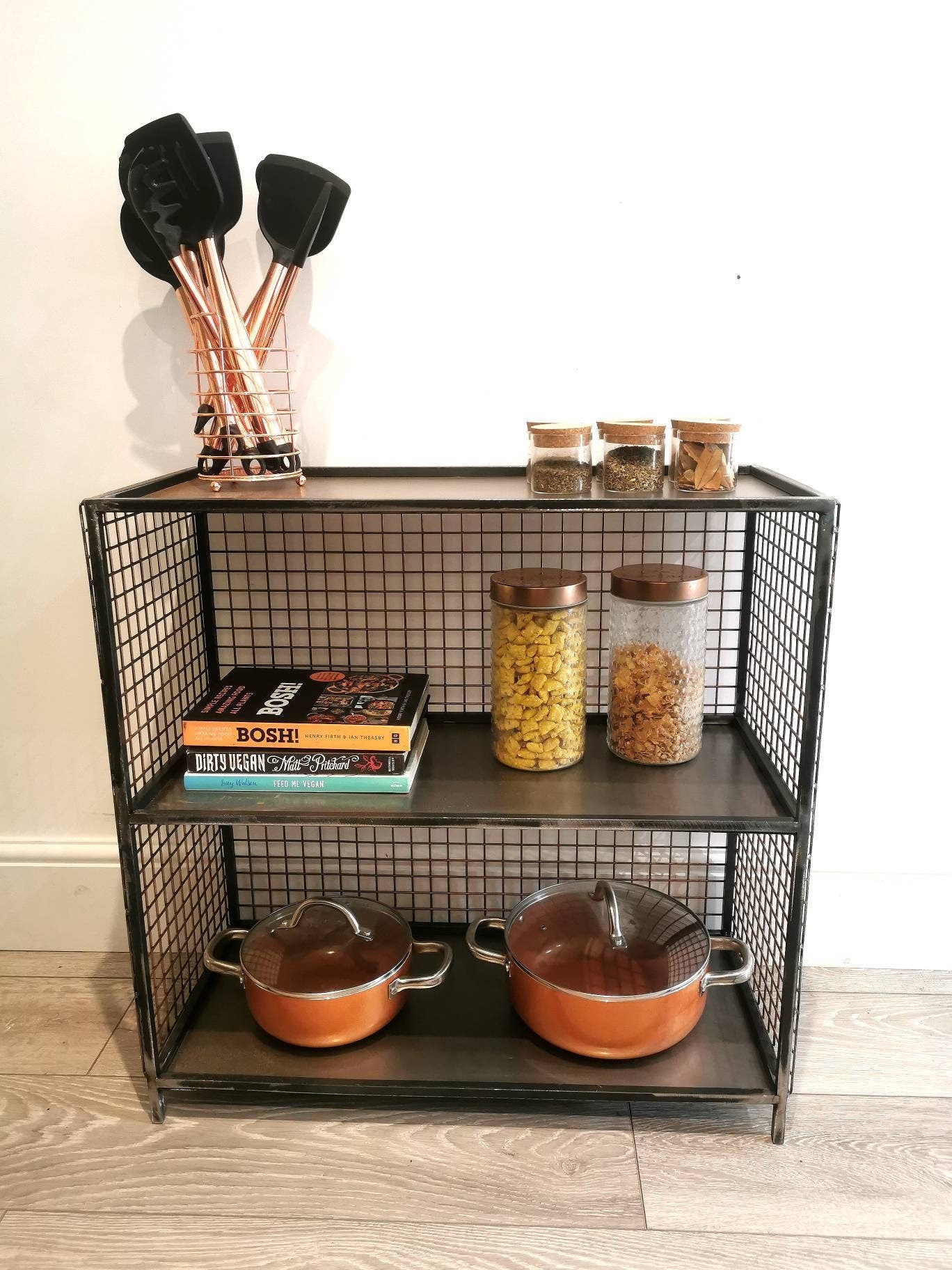 Industrial Metal & Wire Mesh Storage Unit | Floor Storage Shelf | Handmade Steel Organizer | UK Made Home Storage