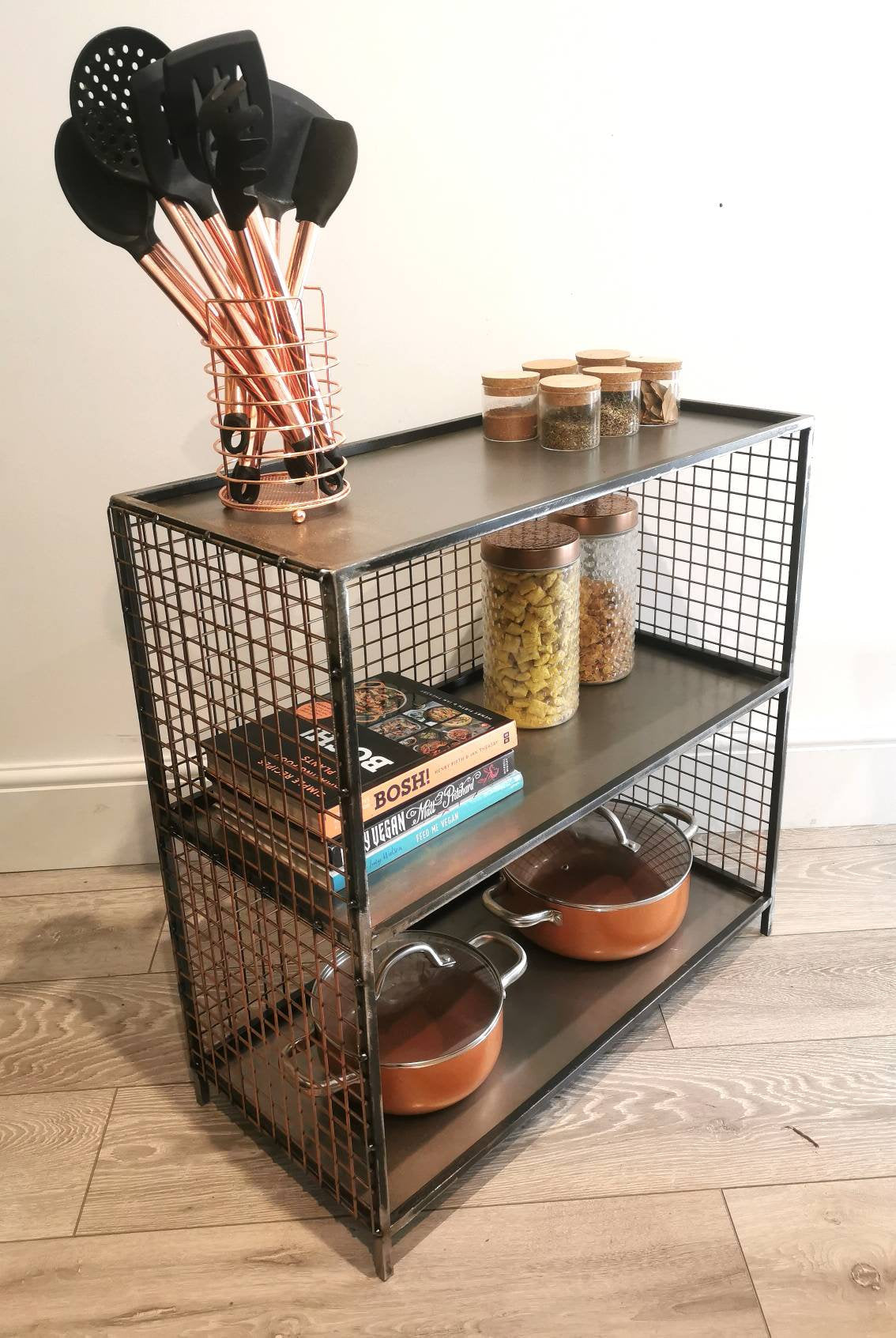 Industrial Metal & Wire Mesh Storage Unit | Floor Storage Shelf | Handmade Steel Organizer | UK Made Home Storage