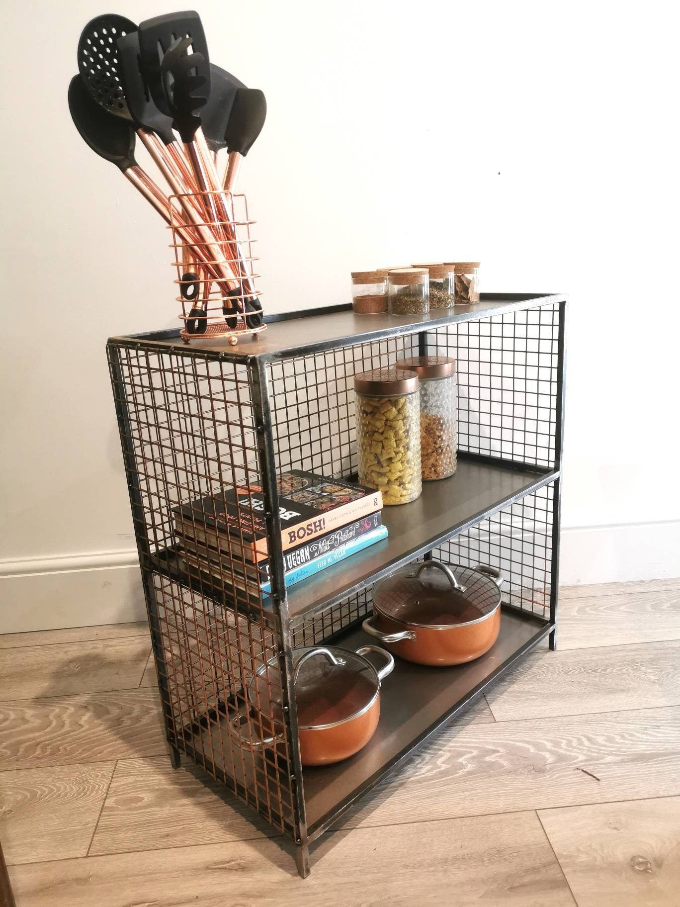 Industrial Metal & Wire Mesh Storage Unit | Floor Storage Shelf | Handmade Steel Organizer | UK Made Home Storage