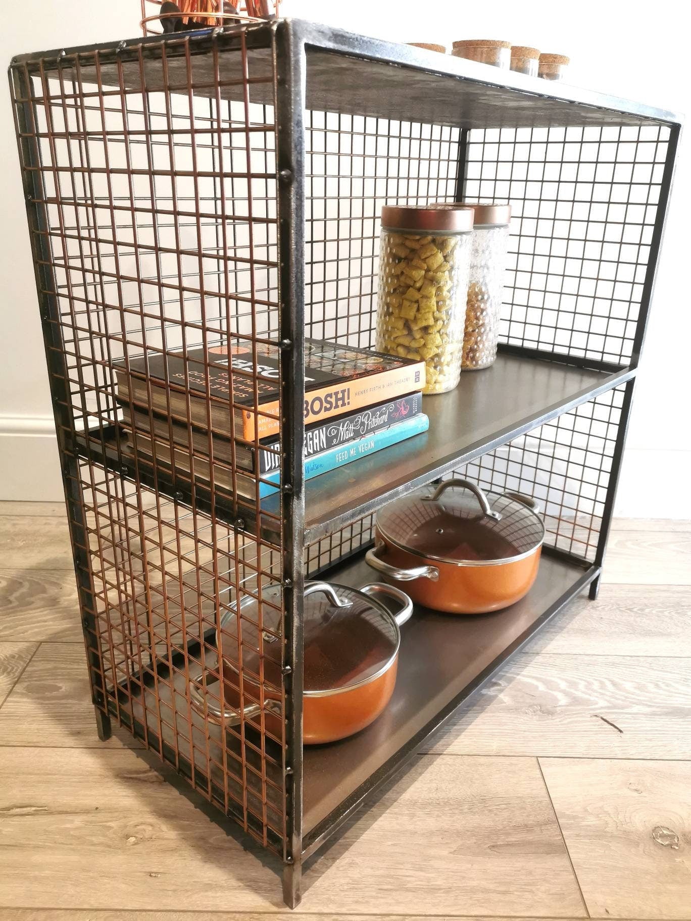Industrial Metal & Wire Mesh Storage Unit | Floor Storage Shelf | Handmade Steel Organizer | UK Made Home Storage