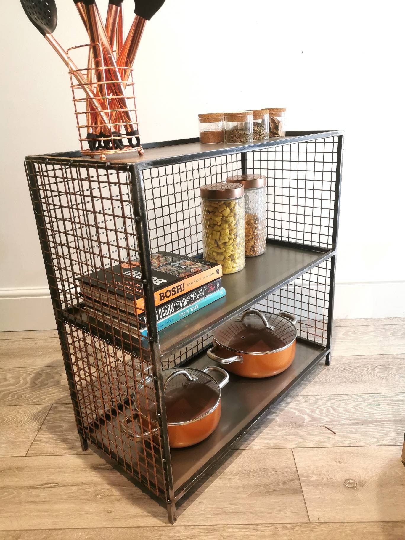 Industrial Metal & Wire Mesh Storage Unit | Floor Storage Shelf | Handmade Steel Organizer | UK Made Home Storage