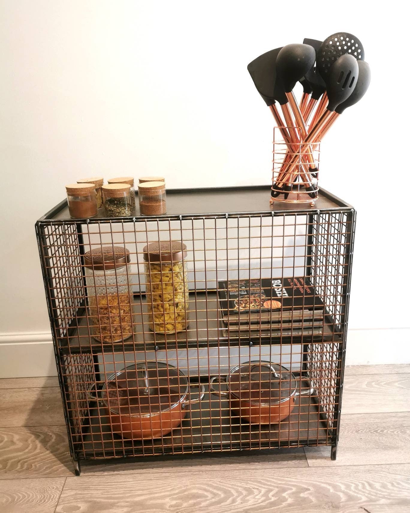 Industrial Metal & Wire Mesh Storage Unit | Floor Storage Shelf | Handmade Steel Organizer | UK Made Home Storage