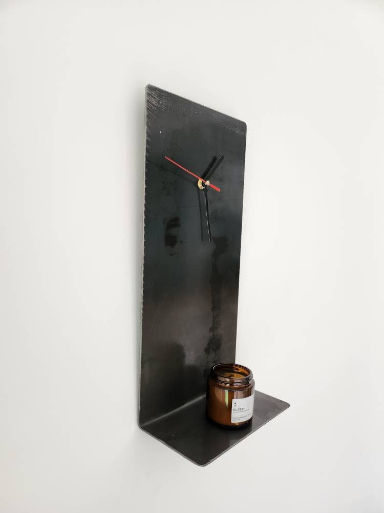 Industrial Raw Steel Wall Clock Shelf | Handmade Metal Clock Shelf | Rustic Wall Shelf & Clock Combo | UK Made