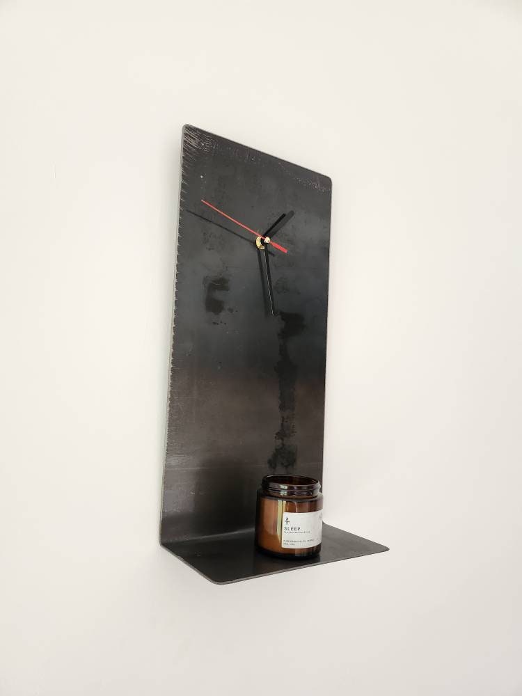 Industrial Raw Steel Wall Clock Shelf | Handmade Metal Clock Shelf | Rustic Wall Shelf & Clock Combo | UK Made
