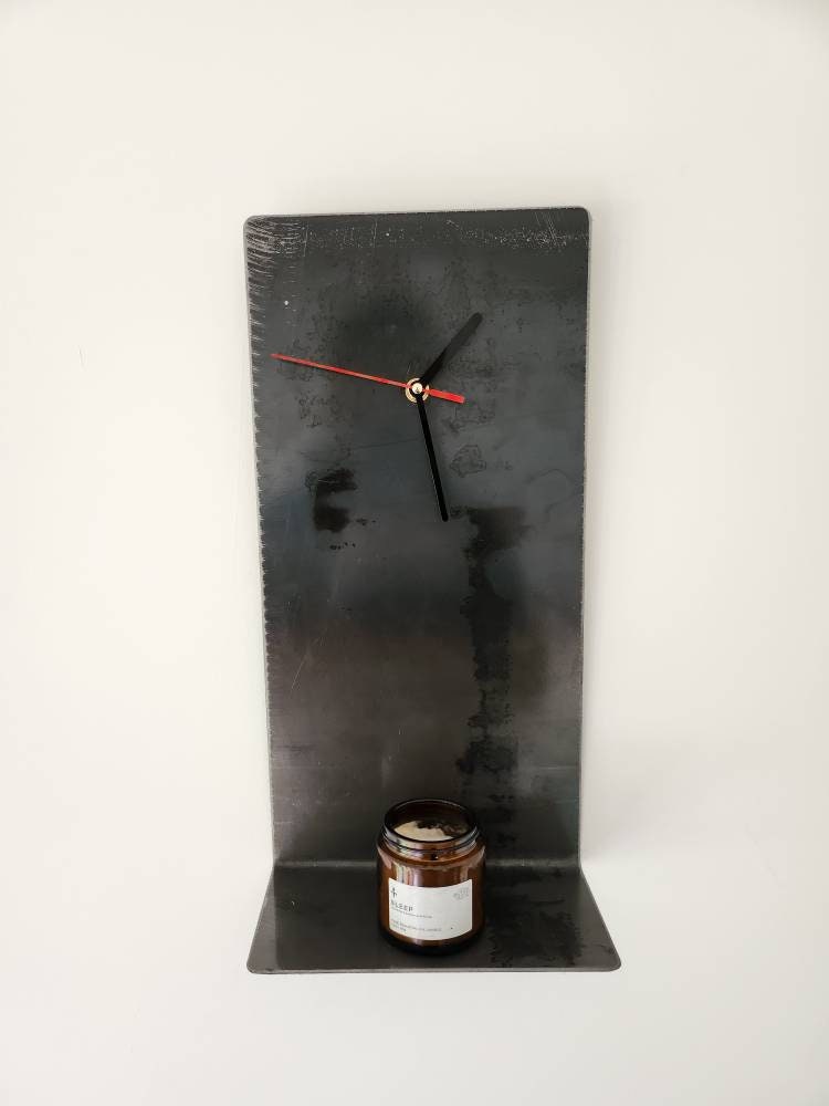 Industrial Raw Steel Wall Clock Shelf | Handmade Metal Clock Shelf | Rustic Wall Shelf & Clock Combo | UK Made