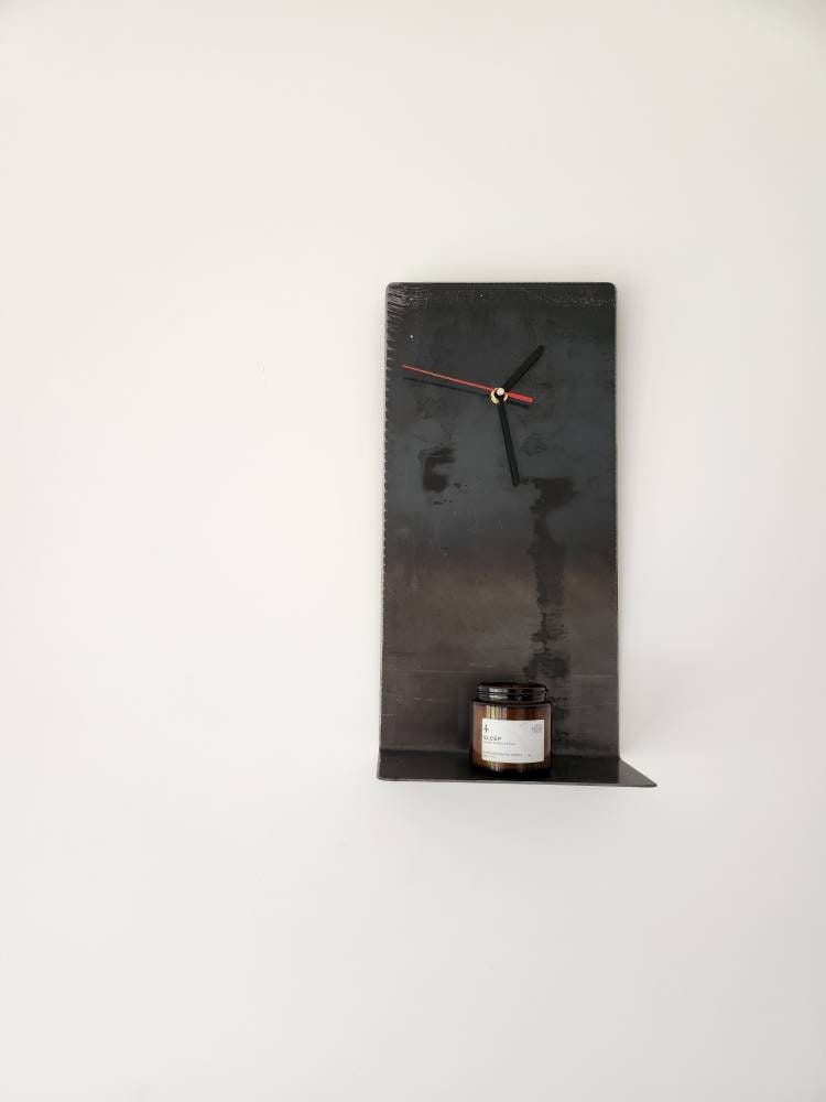 Industrial Raw Steel Wall Clock Shelf | Handmade Metal Clock Shelf | Rustic Wall Shelf & Clock Combo | UK Made