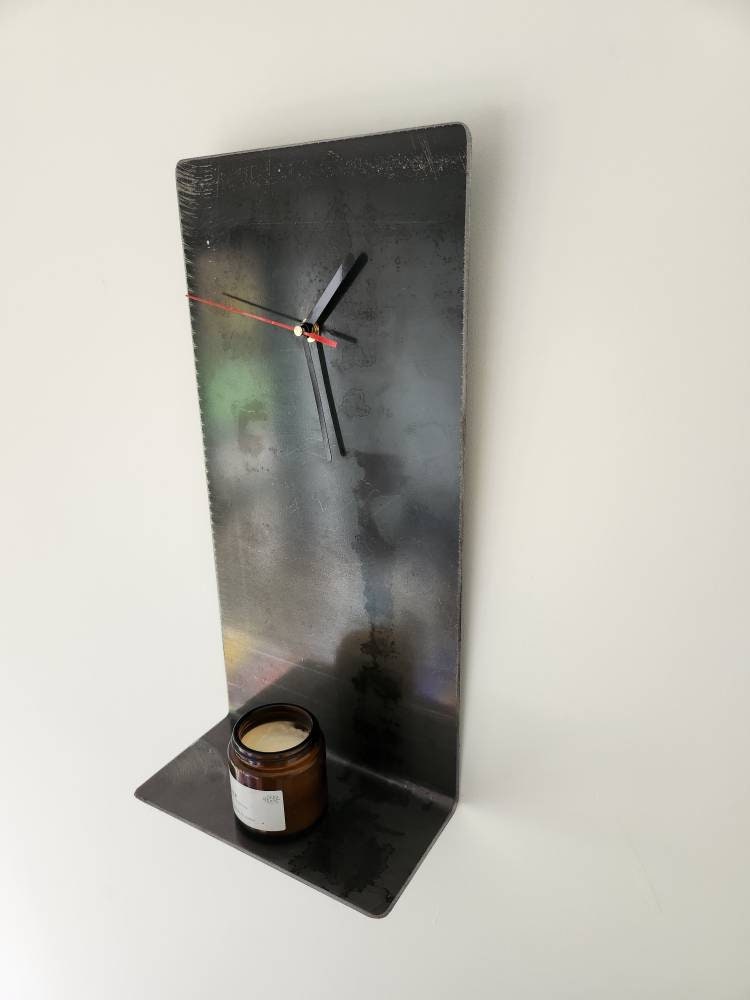 Industrial Raw Steel Wall Clock Shelf | Handmade Metal Clock Shelf | Rustic Wall Shelf & Clock Combo | UK Made
