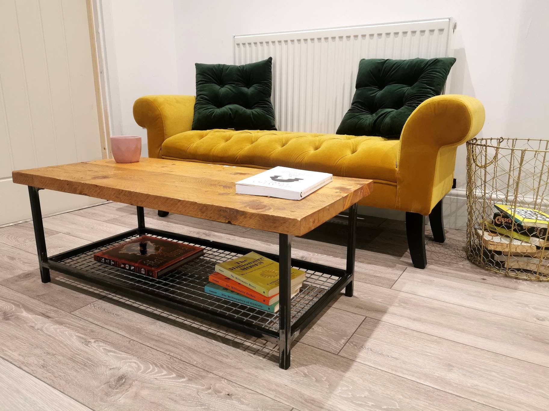 Industrial Raw Steel & Wood Coffee Table | Handmade Mesh Shelf Coffee Table | Rustic UK Made Living Room Furniture
