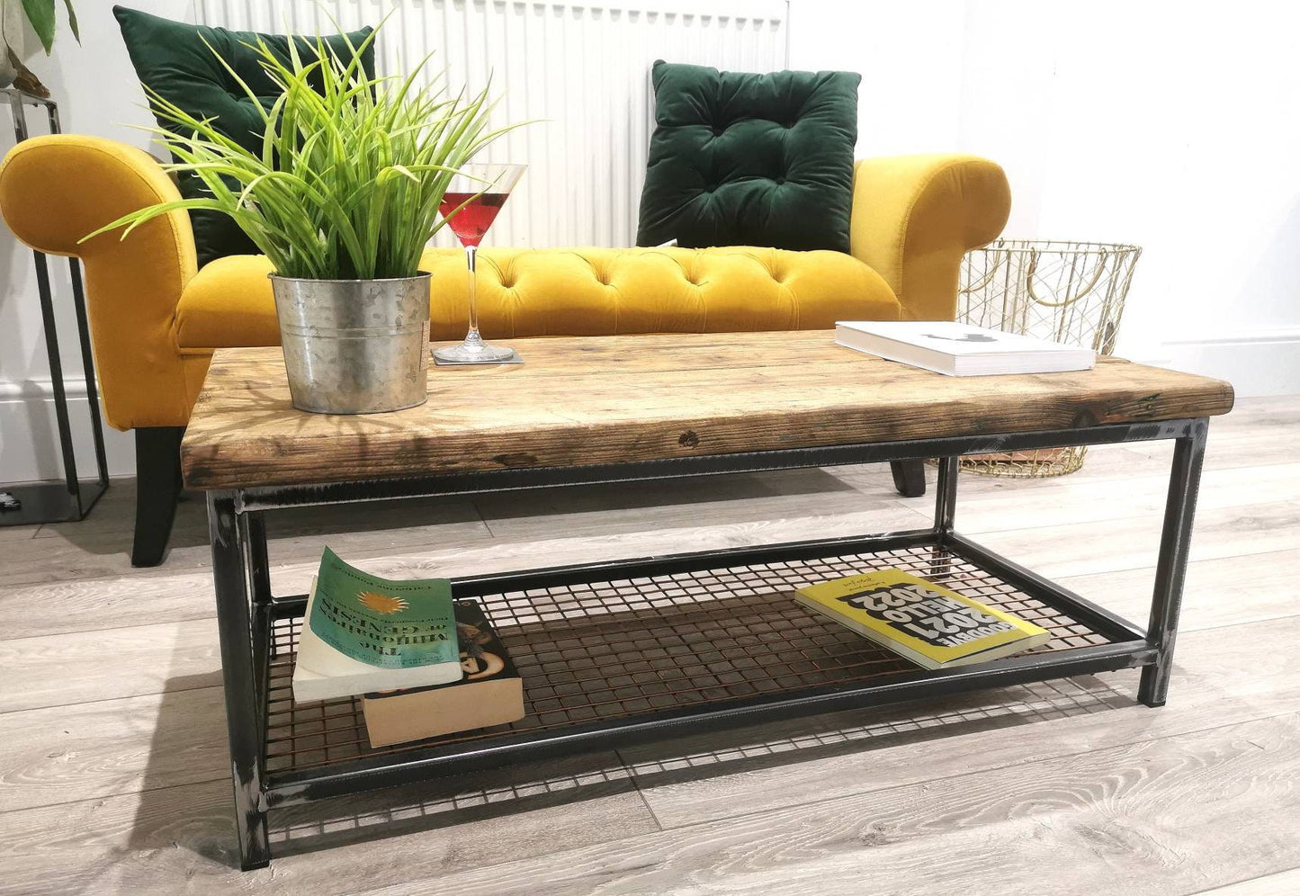 Industrial Raw Steel & Wood Coffee Table | Handmade Mesh Shelf Coffee Table | Rustic UK Made Living Room Furniture