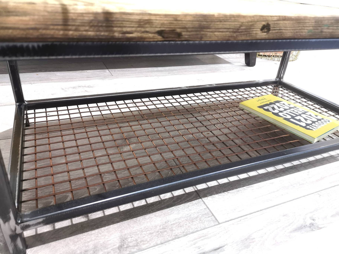 Industrial Raw Steel & Wood Coffee Table | Handmade Mesh Shelf Coffee Table | Rustic UK Made Living Room Furniture
