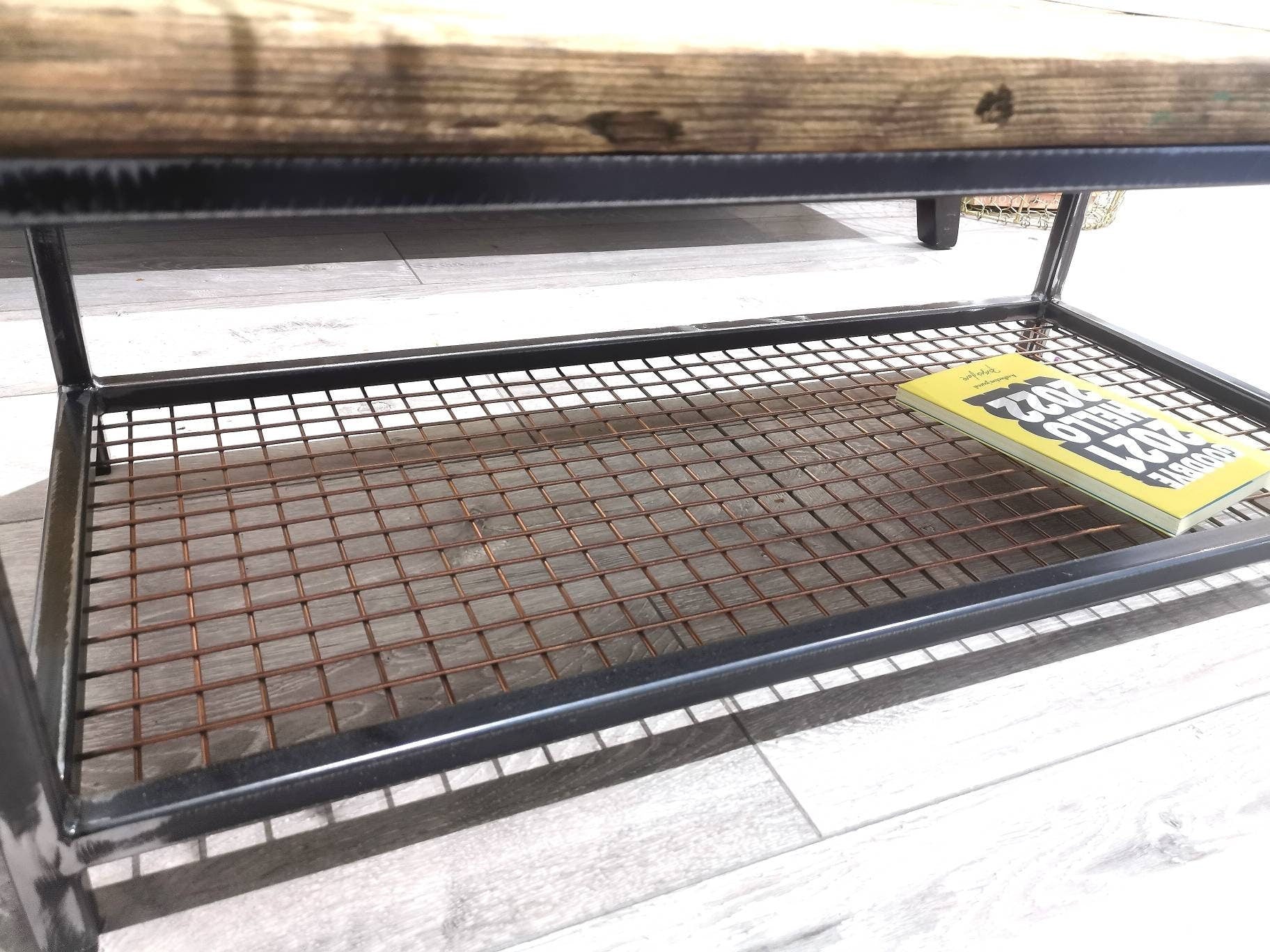 Industrial Raw Steel & Wood Coffee Table | Handmade Mesh Shelf Coffee Table | Rustic UK Made Living Room Furniture