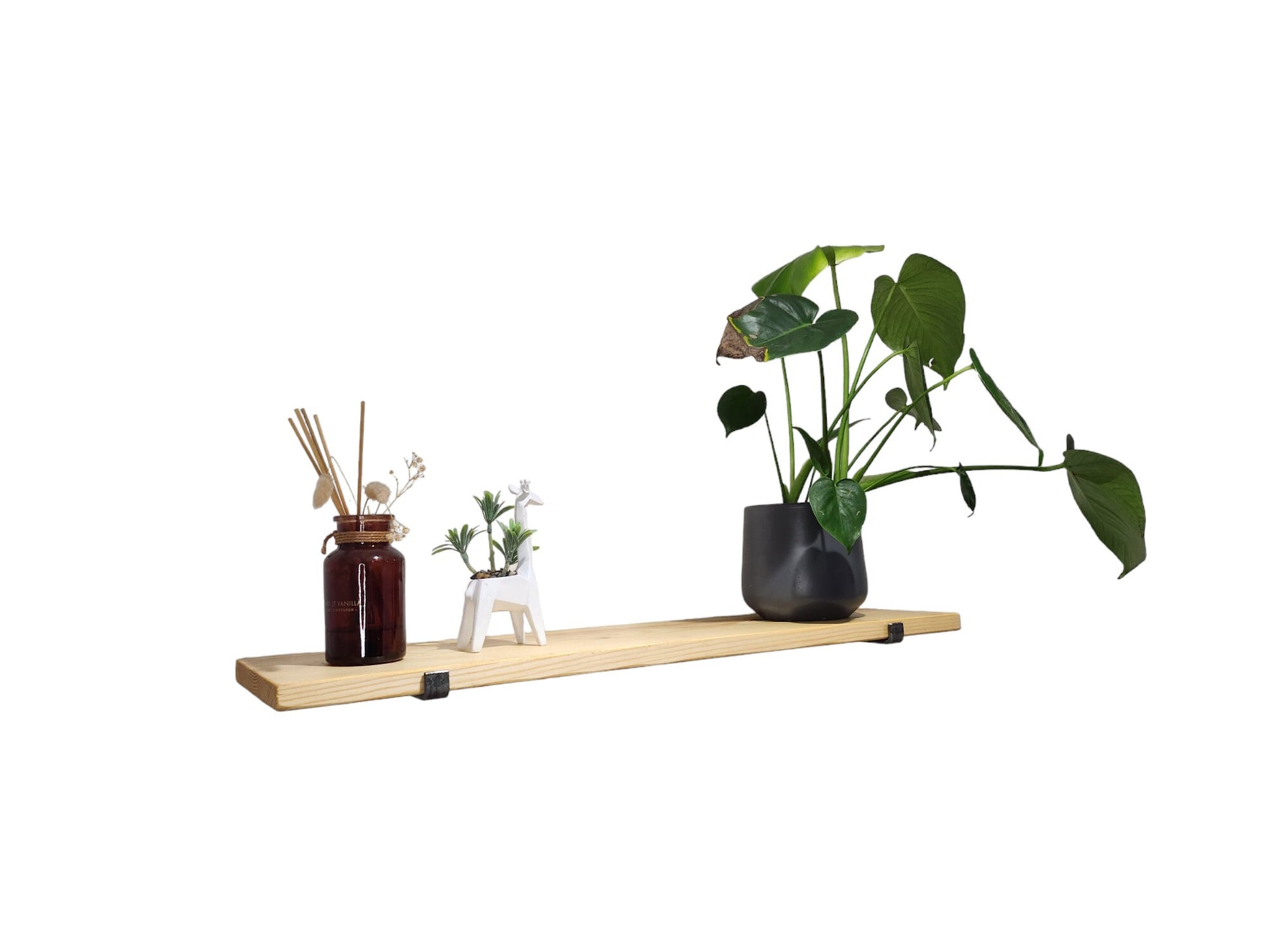 Industrial Rustic Wall Shelf – Slim Pine & Metal J Brackets – Handmade Shelving – Living Room Decor – UK Made – Free Delivery