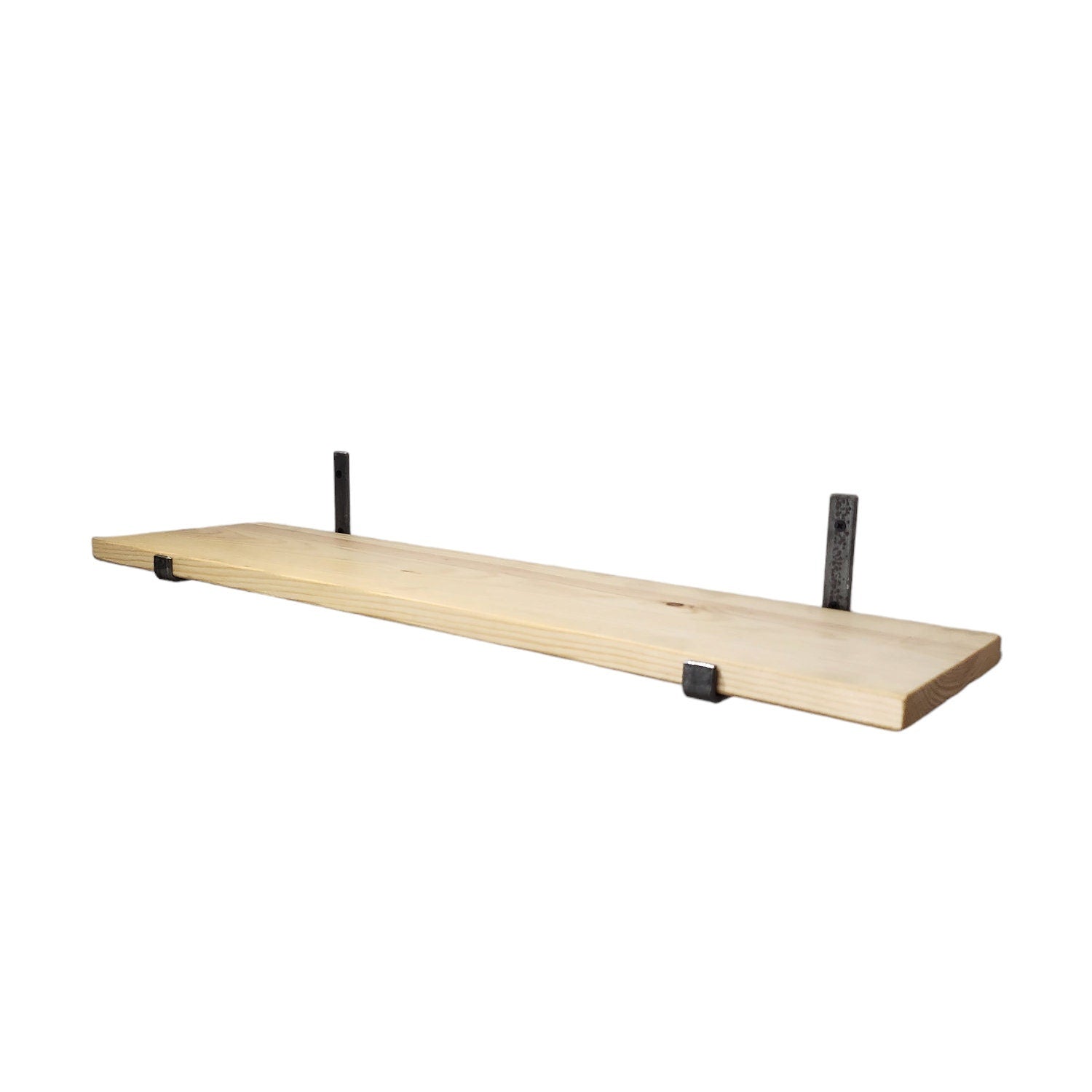 Industrial Rustic Wall Shelf – Slim Pine & Metal J Brackets – Handmade Shelving – Living Room Decor – UK Made – Free Delivery