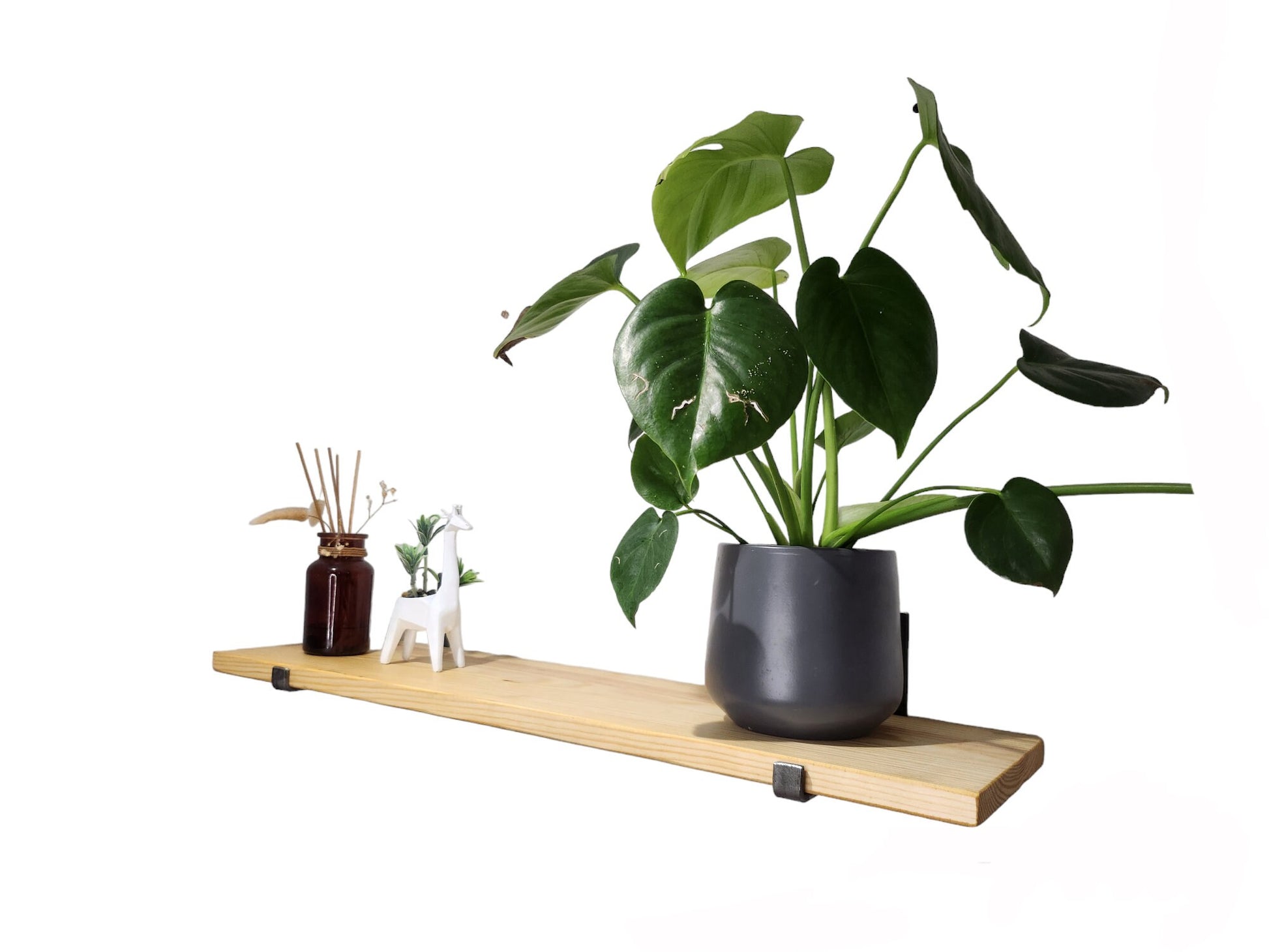 Industrial Rustic Wall Shelf – Slim Pine & Metal J Brackets – Handmade Shelving – Living Room Decor – UK Made – Free Delivery