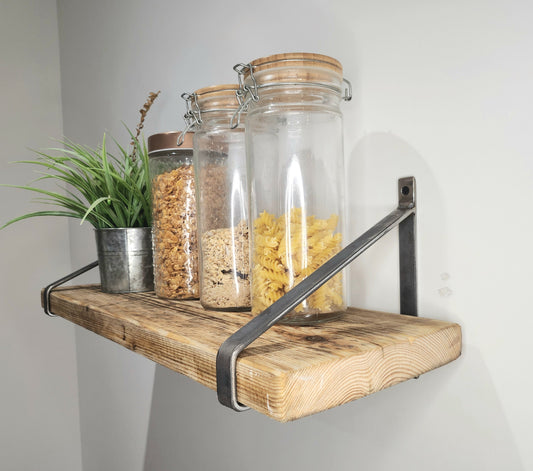 Industrial Shelf with Raw Steel Brackets | Handmade Wall Shelf | Rustic Wood & Metal Shelf | UK Made Decor