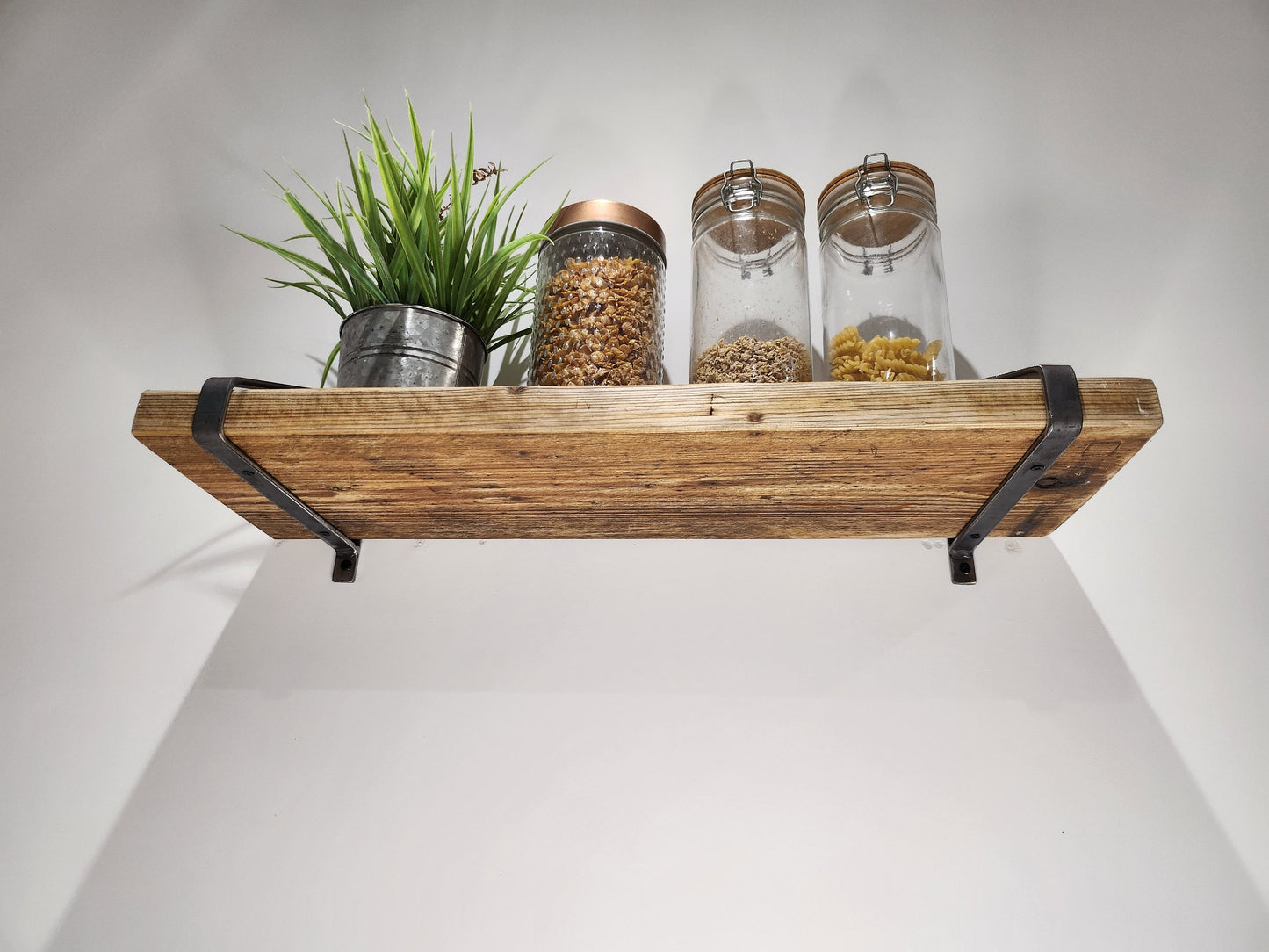 Industrial Shelf with Raw Steel Brackets | Handmade Wall Shelf | Rustic Wood & Metal Shelf | UK Made Decor