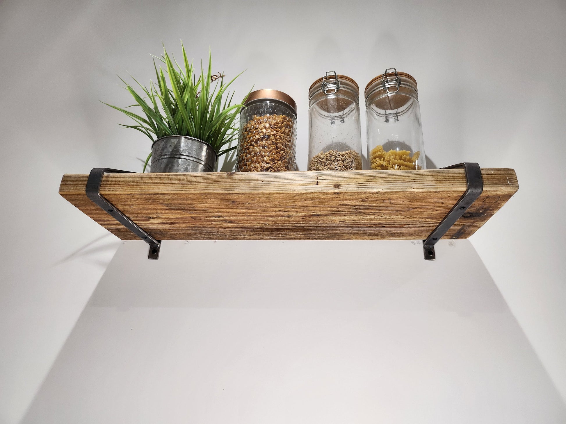 Industrial Shelf with Raw Steel Brackets | Handmade Wall Shelf | Rustic Wood & Metal Shelf | UK Made Decor