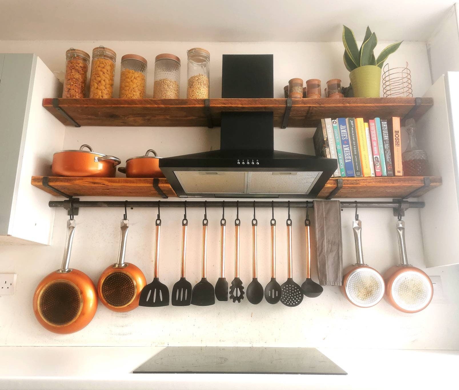 Industrial Utensil & Pan Rail | Raw Steel Kitchen Rail | Handmade Hanging Rail with Hooks | UK Made Storage
