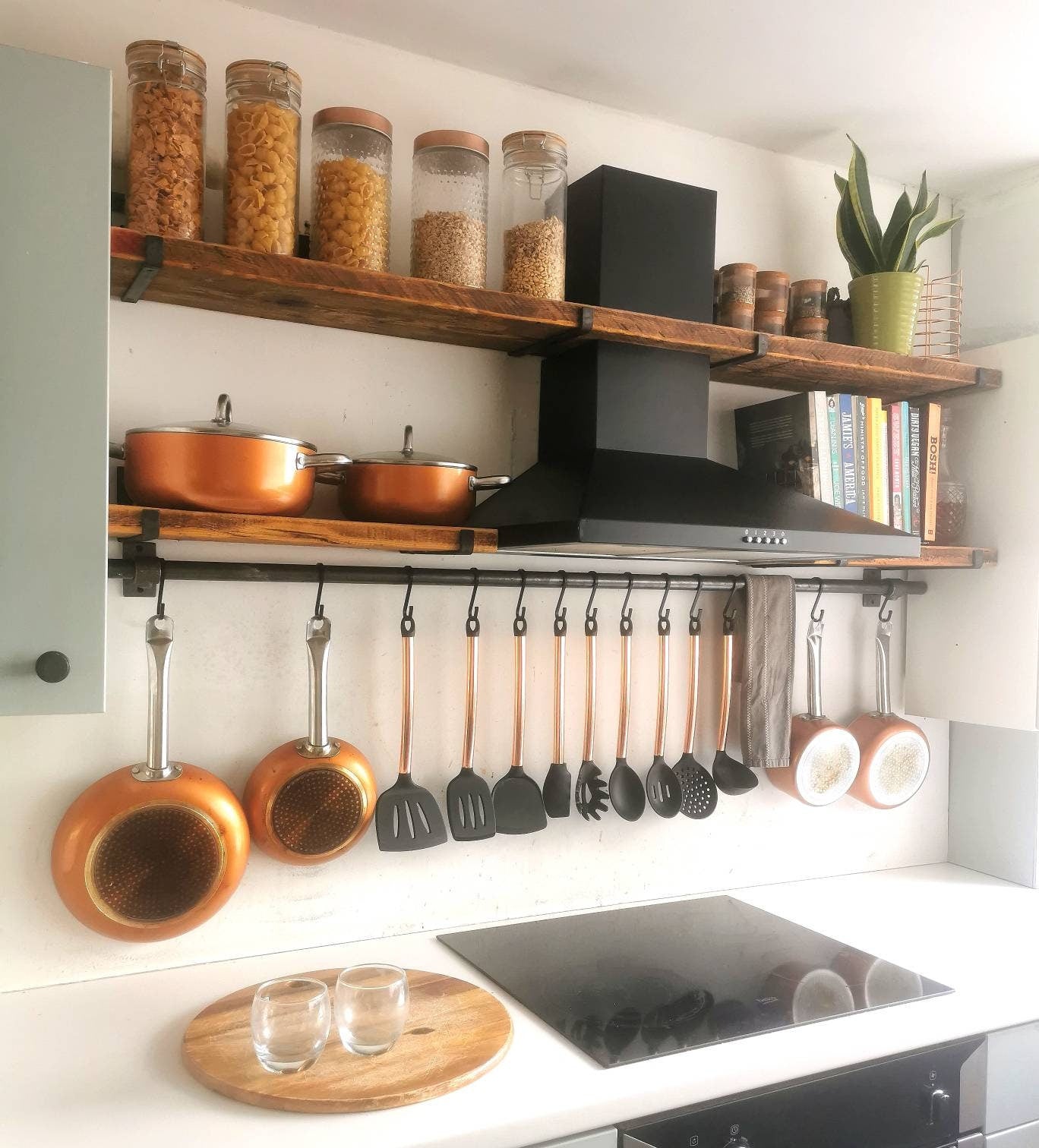 Industrial Utensil & Pan Rail | Raw Steel Kitchen Rail | Handmade Hanging Rail with Hooks | UK Made Storage