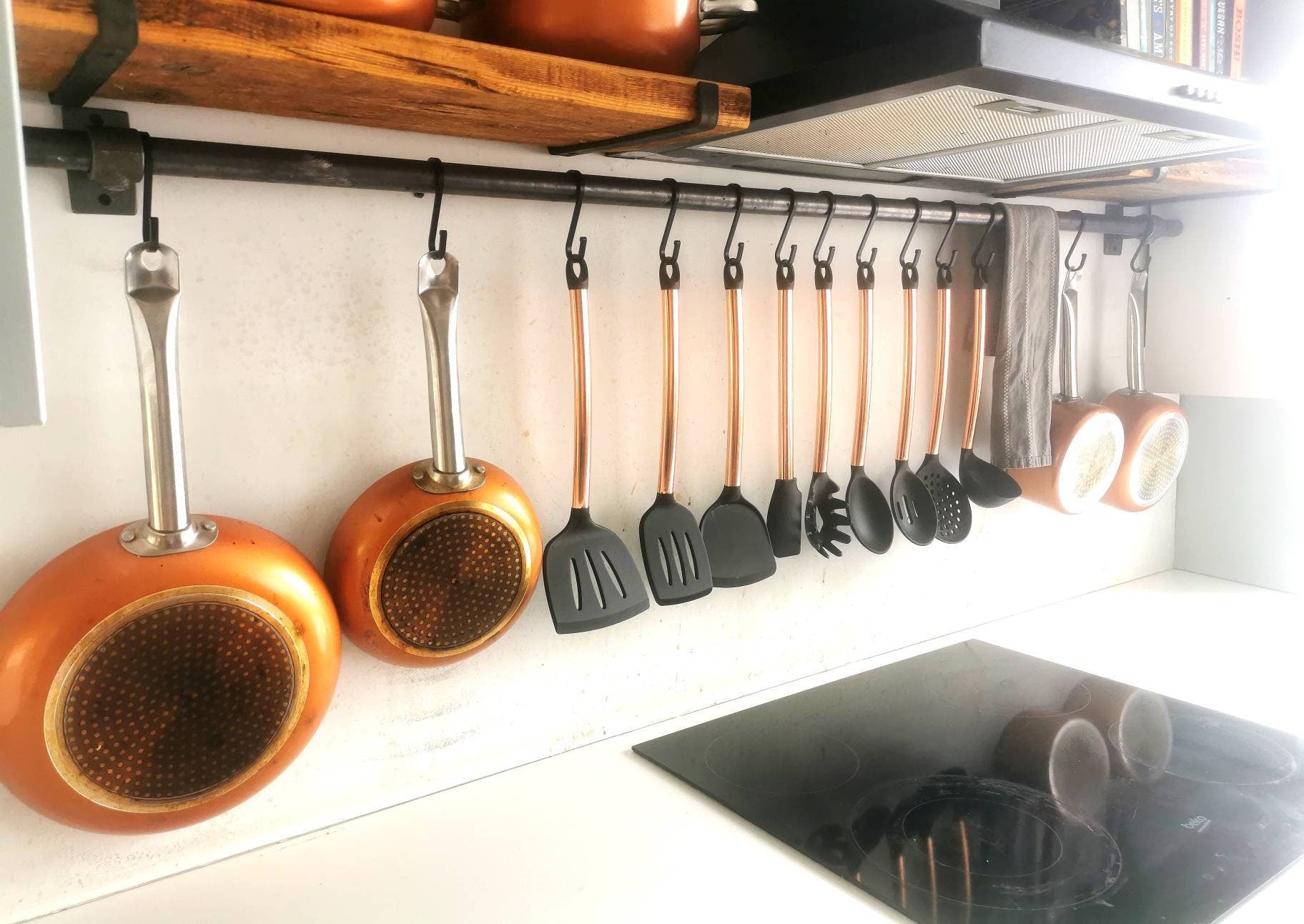 Industrial Utensil & Pan Rail | Raw Steel Kitchen Rail | Handmade Hanging Rail with Hooks | UK Made Storage