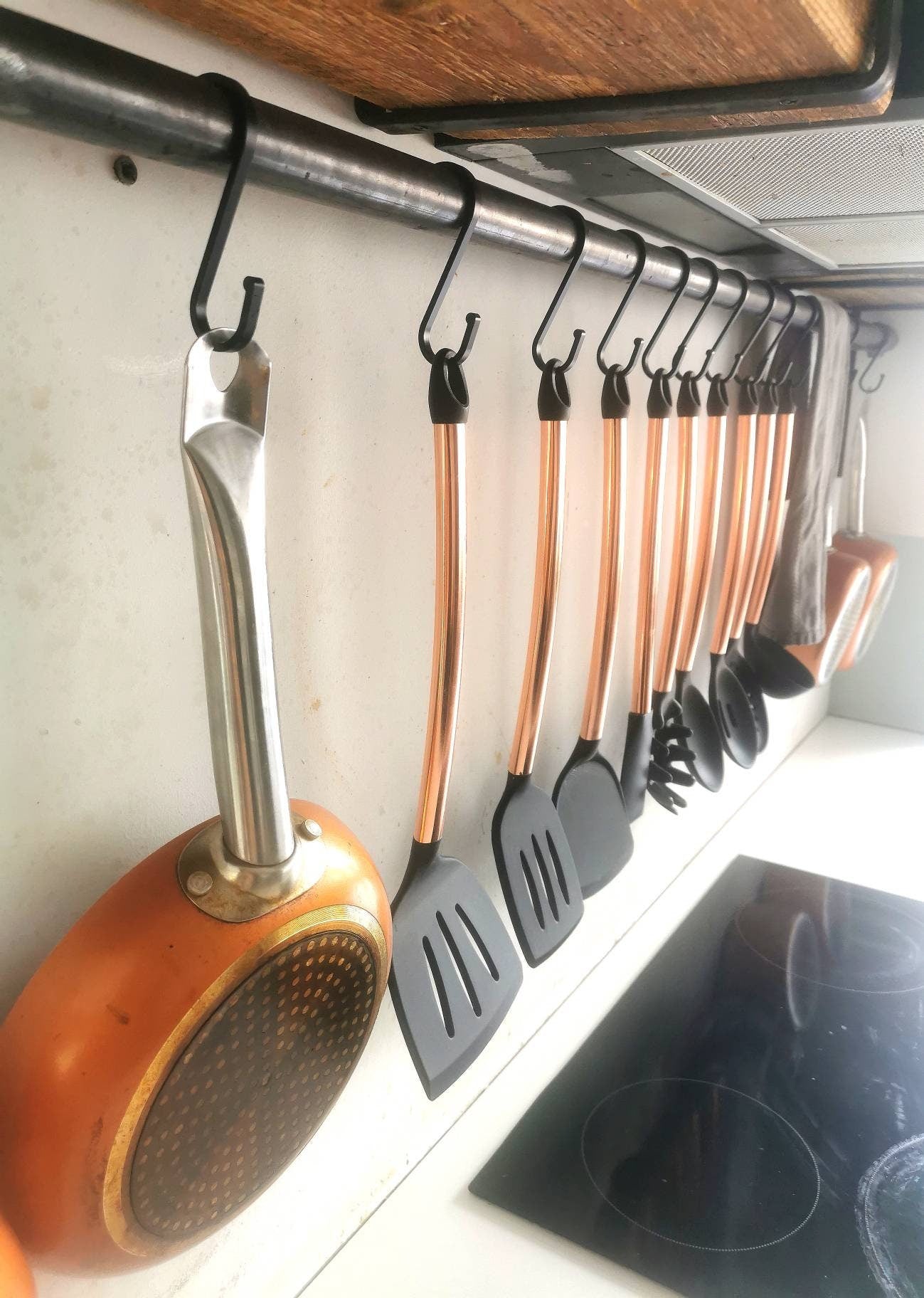 Industrial Utensil & Pan Rail | Raw Steel Kitchen Rail | Handmade Hanging Rail with Hooks | UK Made Storage