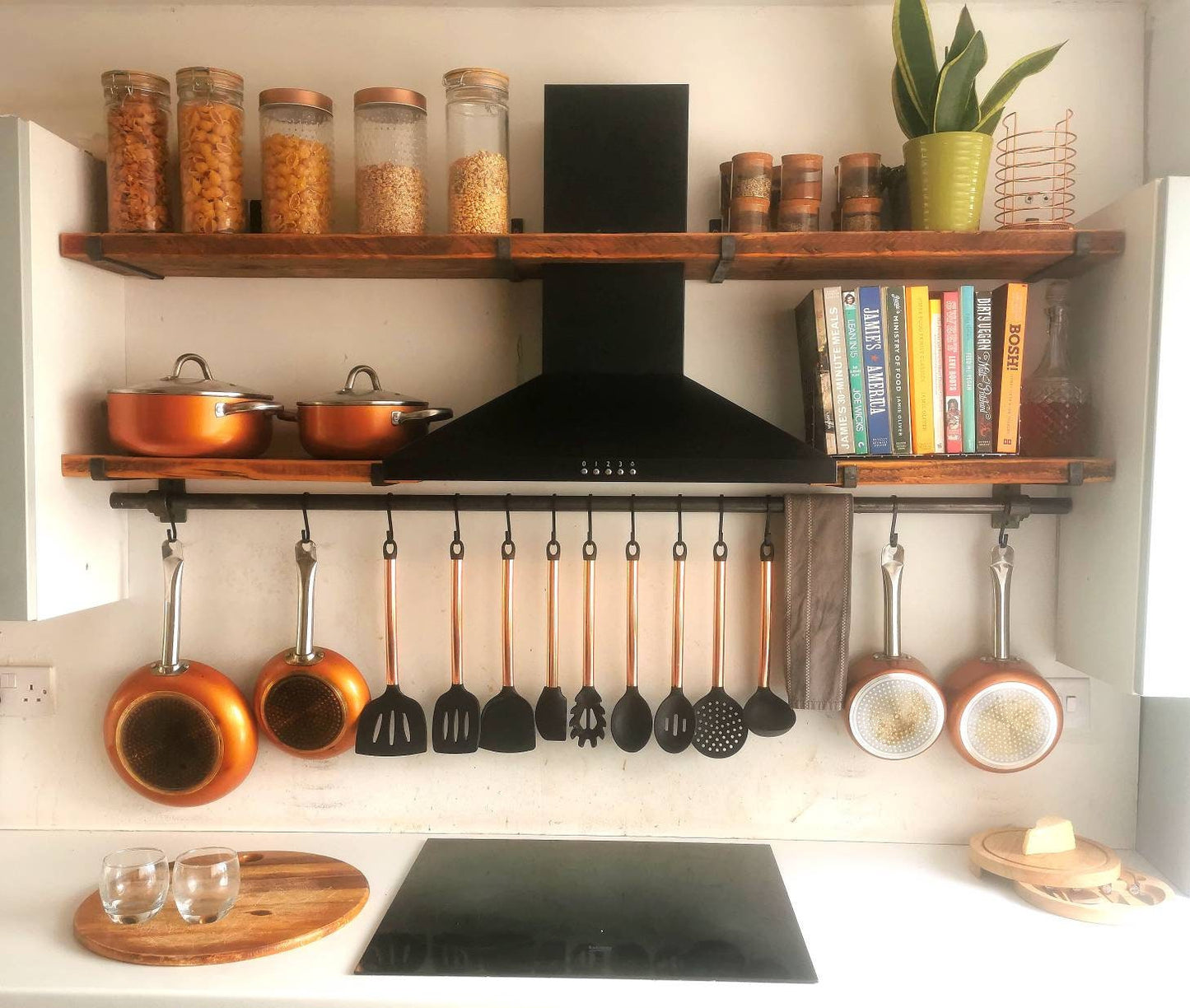 Industrial Utensil & Pan Rail | Raw Steel Kitchen Rail | Handmade Hanging Rail with Hooks | UK Made Storage