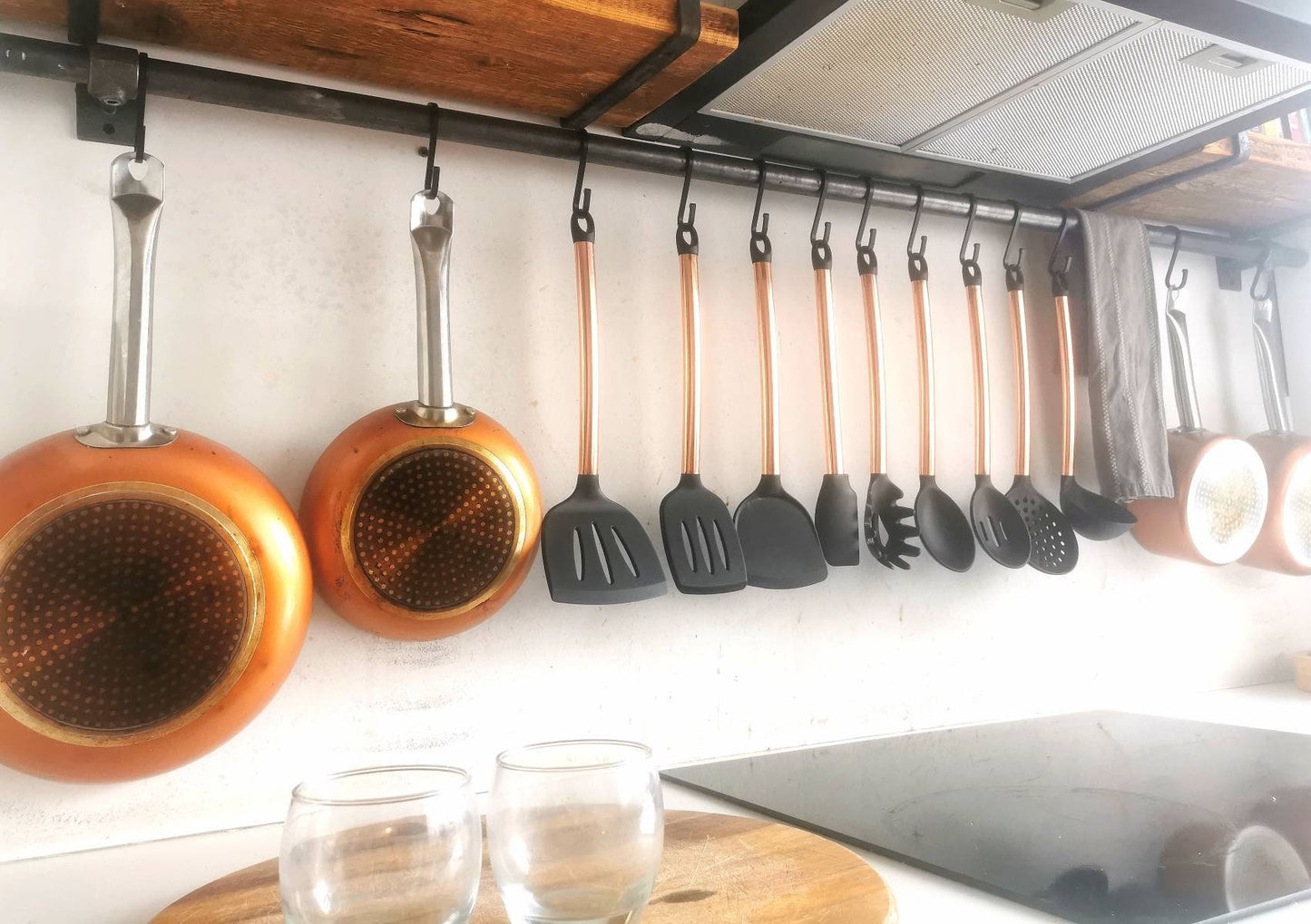 Industrial Utensil & Pan Rail | Raw Steel Kitchen Rail | Handmade Hanging Rail with Hooks | UK Made Storage