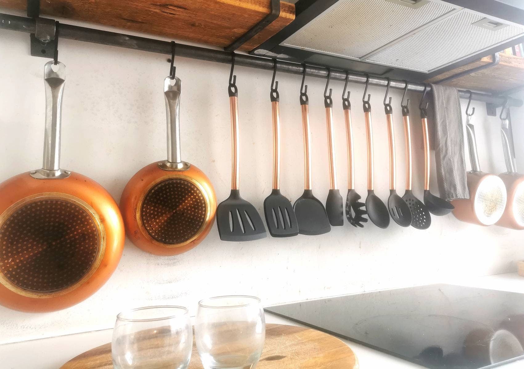 Industrial Utensil & Pan Rail | Raw Steel Kitchen Rail | Handmade Hanging Rail with Hooks | UK Made Storage