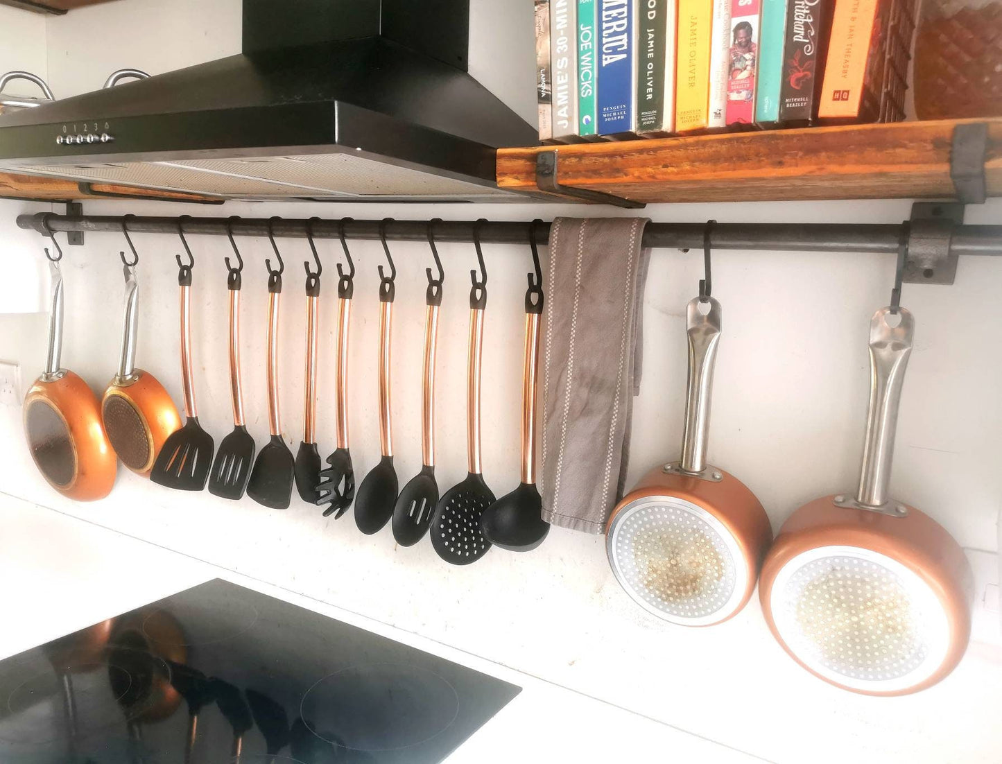 Industrial Utensil & Pan Rail | Raw Steel Kitchen Rail | Handmade Hanging Rail with Hooks | UK Made Storage