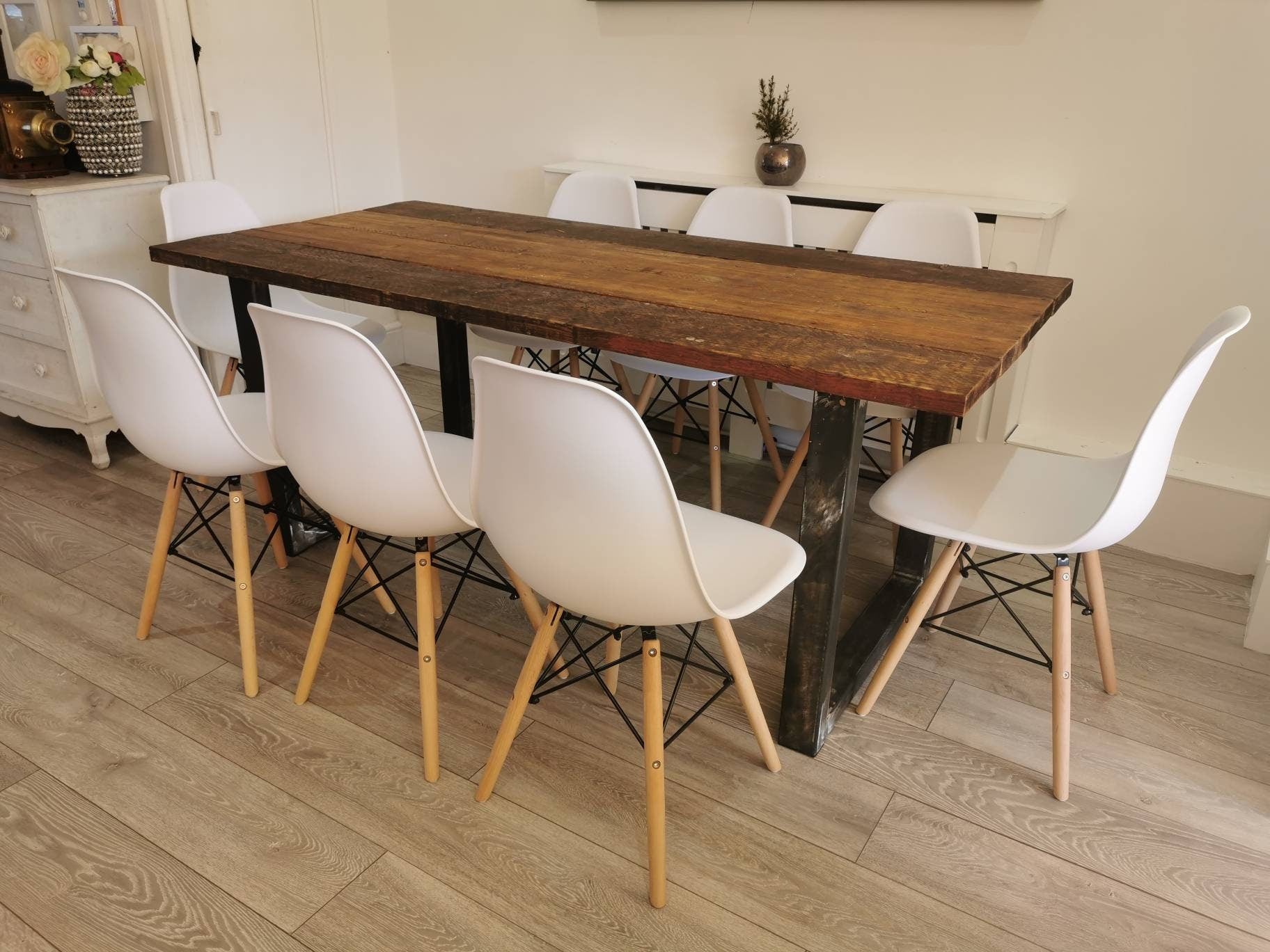 Rustic Industrial Dining Table | Café Table with Reclaimed Wood & Raw Steel | Handmade UK Kitchen Furniture | Loft Farmhouse Style