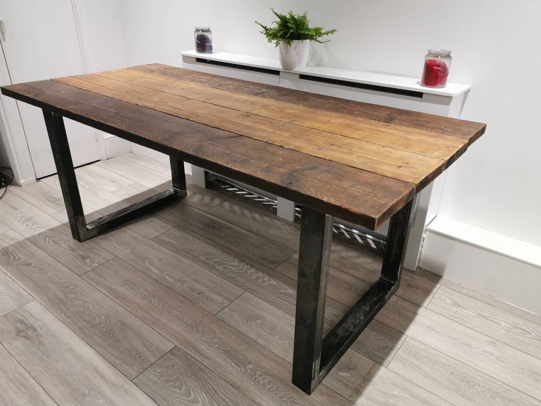 Rustic Industrial Dining Table | Café Table with Reclaimed Wood & Raw Steel | Handmade UK Kitchen Furniture | Loft Farmhouse Style