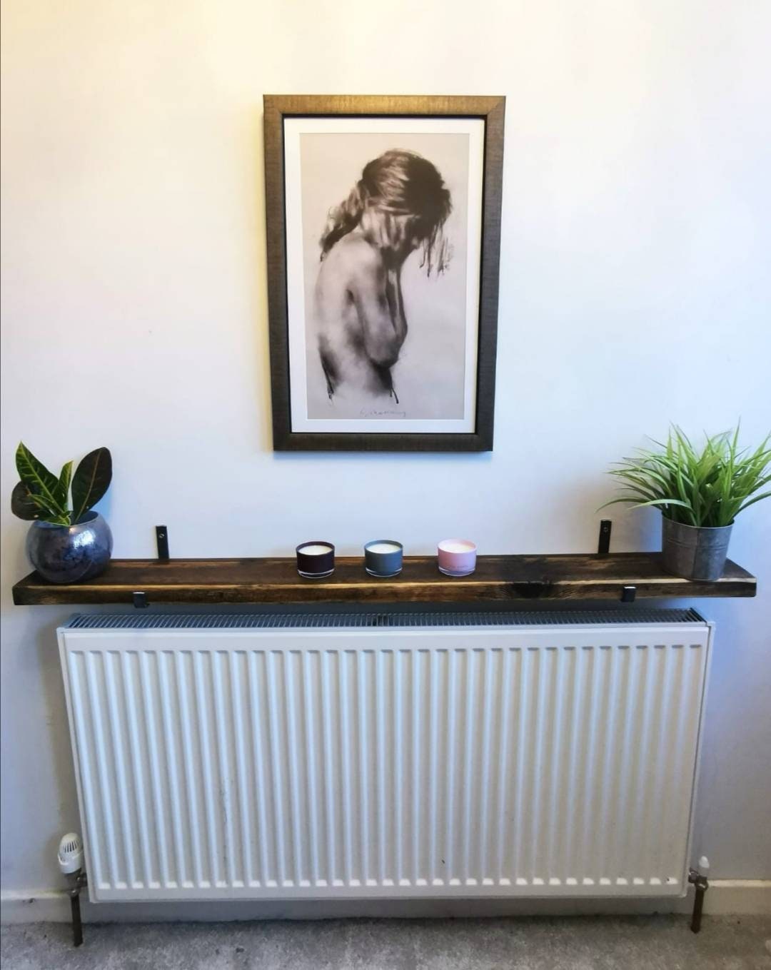 Rustic Radiator Shelf – Redwood Pine with Raw Steel Brackets